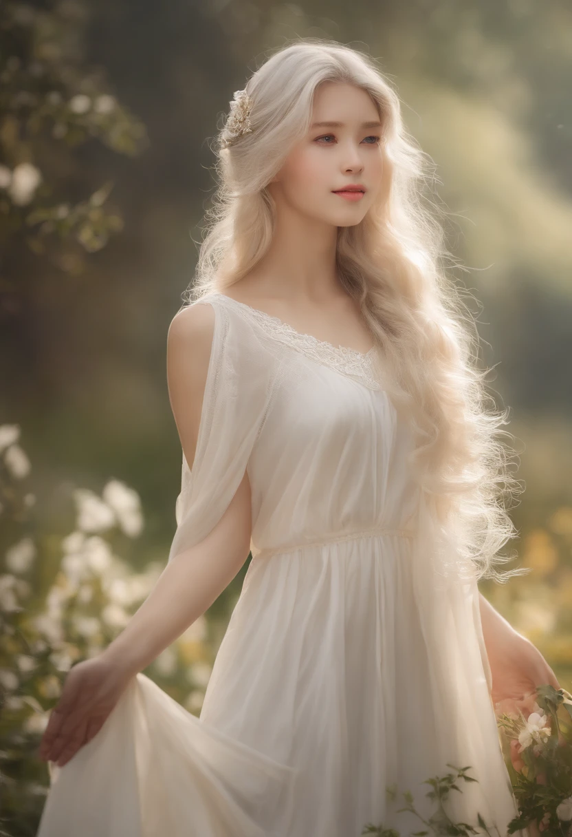 (A high resolution:1.2),Ultra-detailed,Realistic,long hair girl，Milky white hair and milky white clothes, Beautiful and delicate cyan eyes, With Hu Hu's cute sweet face (1girll) Features. The girl is portrayed as innocent and youthful. Milky white hair hung down to her waist, Creates a dreamy and ethereal effect. Her eyes are a stunning cyan, Shines with curiosity and amazement. The girl is characterized by her appearance, This adds a touch of playfulness to her overall demeanor. Her fair skin was like porcelain, adds to her delicate and angelic aura. She exudes a youthful charm of purity and innocence. The choice of white clothes，Emphasize the purity and simplicity of the girl. The fabric was draped softly over her body, Create a sense of relaxed elegance. White symbolizes purity, Innocence, and a sense of tranquility. It also enhances the overall ethereal vibe of the scene. The texture of the artwork is reminiscent of a beautiful oil painting. The brushstrokes are delicate and delicate, Capture every intricate detail of the girl's facial features. Colors are vivid and harmonious, Subtle light and shadow effects. Overall composition balance，visually pleasing. The lighting in the scene is soft and diffuse, Cast a soft glow on the girl's face and hair. The location of the light source highlights the girl's features，Creates a sense of depth and three-dimensionality. The warm lighting adds to the overall warmth and tranquility of the artwork. This work of art is a masterpiece of beauty and innocence, Capture the essence of youth and purity. It evokes a sense of calm and tranquility, The audience is invited to enter a world full of dreams and imaginations. {{{Dragon Man}}}