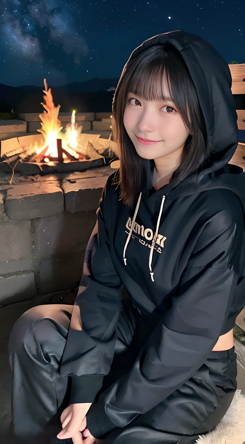 (top-quality,in 8K,​masterpiece:1.3,),(超A high resolution,Photorealsitic:1.4,Raw photography),(ultra-detailliert,shinny skin,Delicate skin),(Detailed face,Perfect Anatomy,Caustics),( girl making a bonfire in the mountains),Sit behind a bonfire,kawaii,18year old,japanes,Japanese ido,smil,Looking at the camera,A dark-haired,short-cut,large boob,(Hooded hoodie),long trousers,deep in the night,(night sky full of stars),(Bonfire Up),(Bonfire focal point:1.1),low angles,