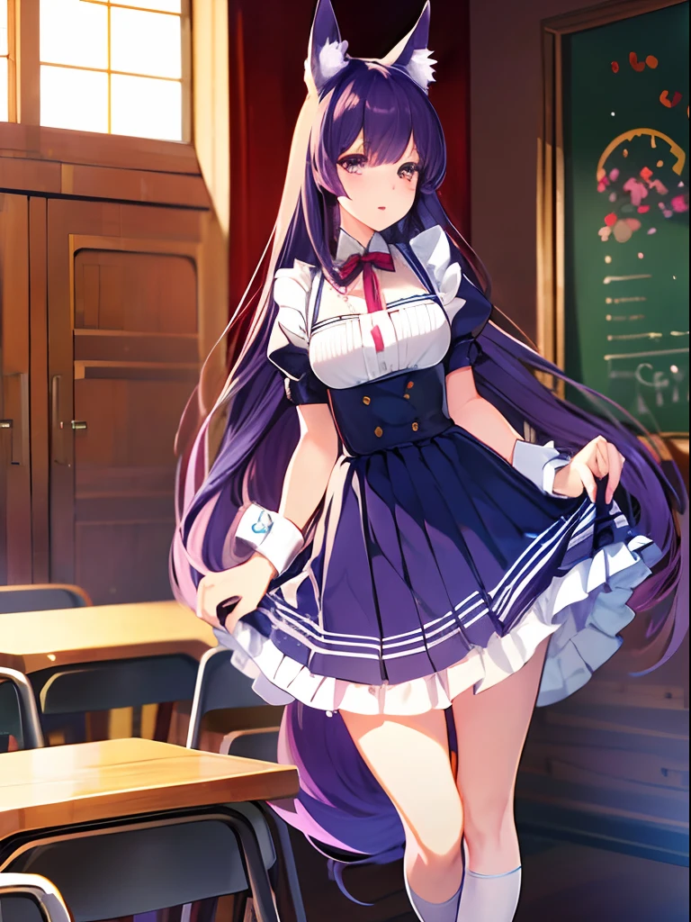 1girl, dark purple hair, fox tail, fox ears, maid dress, classroom, standing on ground, high res, ultra sharp, 8K, masterpiece