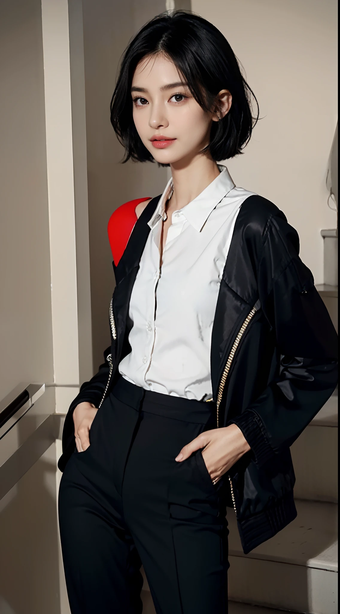 (shoulder length straight short hair: 1.1),(black hair:1.3),(Extremely meticulous CG 8k wallpaper），（Extremely refined and beautiful），（Masterpiece），（best qualtiy：1.0），（Ultra High Resolution：1.0），beautiful light up，Perfect lightning，realistic shaded，[A high resolution],(Smooth and flawless fair skin:1.5),Extremely exquisite facial details,(perfect body：1.1），ultra - detailed,(A  beautiful girl:1.5)，small head,(Small breasts:1.1)，Flat chests，slim，thin，Smile，cheerfulness,(black jacket:1.5),(white collared shirt:1.3),(black pants:1.4),Slender legs,standing,(In the stairwell of the residential building:1.5), bright lights,Portrait photo,close shot,cowboy shot,from front,shoulder off