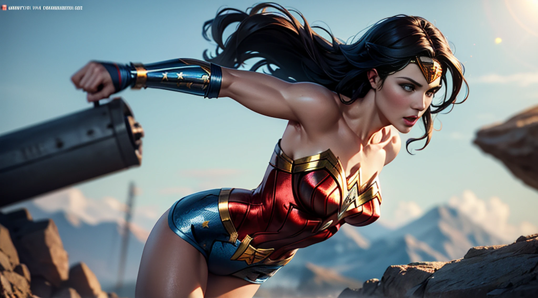 (Masterpiece, Top Quality),1girl ,{{Depth of field}}, Hyper detail, 1woman, (Victoria's Secret Model Wonder Woman), Single, Full Body, (Intricate Details, Makeup), (Delicate and beautiful delicate face, delicate and beautiful delicate eyes, face with perfect proportions), High-detail skin, delicate skin, Best proportions Four fingers and one thumb, strong and realistic blue eyes, realistic black hair, lips, makeup, natural skin texture, tiara, leotard, bulletproof cuffs, red boots, (public clothing:1.3), slightly sunburned, mature, sexy, elastic muscles, (muscles:1.3), ((strong and healthy body)), ((((((more) muscles))), wet body, wet hair, long legs, curves, thick thighs, wide buttocks, thin legs, (big breasts: 1.2), thin waist, soft waist, (delicate skin), (glossy skin), (beautiful and sexy woman), (swollen lips: 0.9), (eyelashes: 1.2), very delicate muscles definition, crossing arms behind the back posture, A dystopian ghettor controlled by local gangs armed with hacked police weapons such as LED panel lights, EMP blasters and taser shotguns arranged in a square shape to mimic existing interior fixtures, ((top quality)), ((masterpiece)), ((realistic)), (detailed),