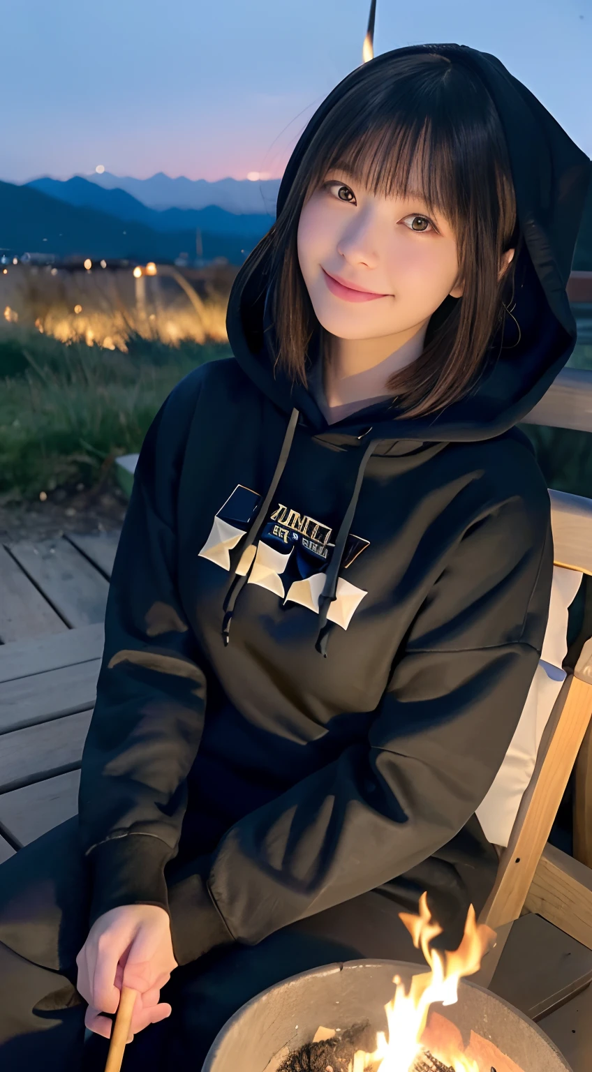 (top-quality,in 8K,masterpiece:1.3,),(超A high resolution,Photorealsitic:1.4,Raw photography),(ultra-detailliert,shinny skin,Delicate skin),(Detailed face,Perfect Anatomy,Caustics),(Little girl making a bonfire in the mountains),Sit behind a bonfire,kawaii,18year old,japanes,Japanese ido,smil,Looking at the camera,A dark-haired,short-cut,large boob,(Hooded hoodie),long trousers,deep in the night,(night sky full of stars),(Bonfire Up),(Bonfire focal point:1.1),low angles,