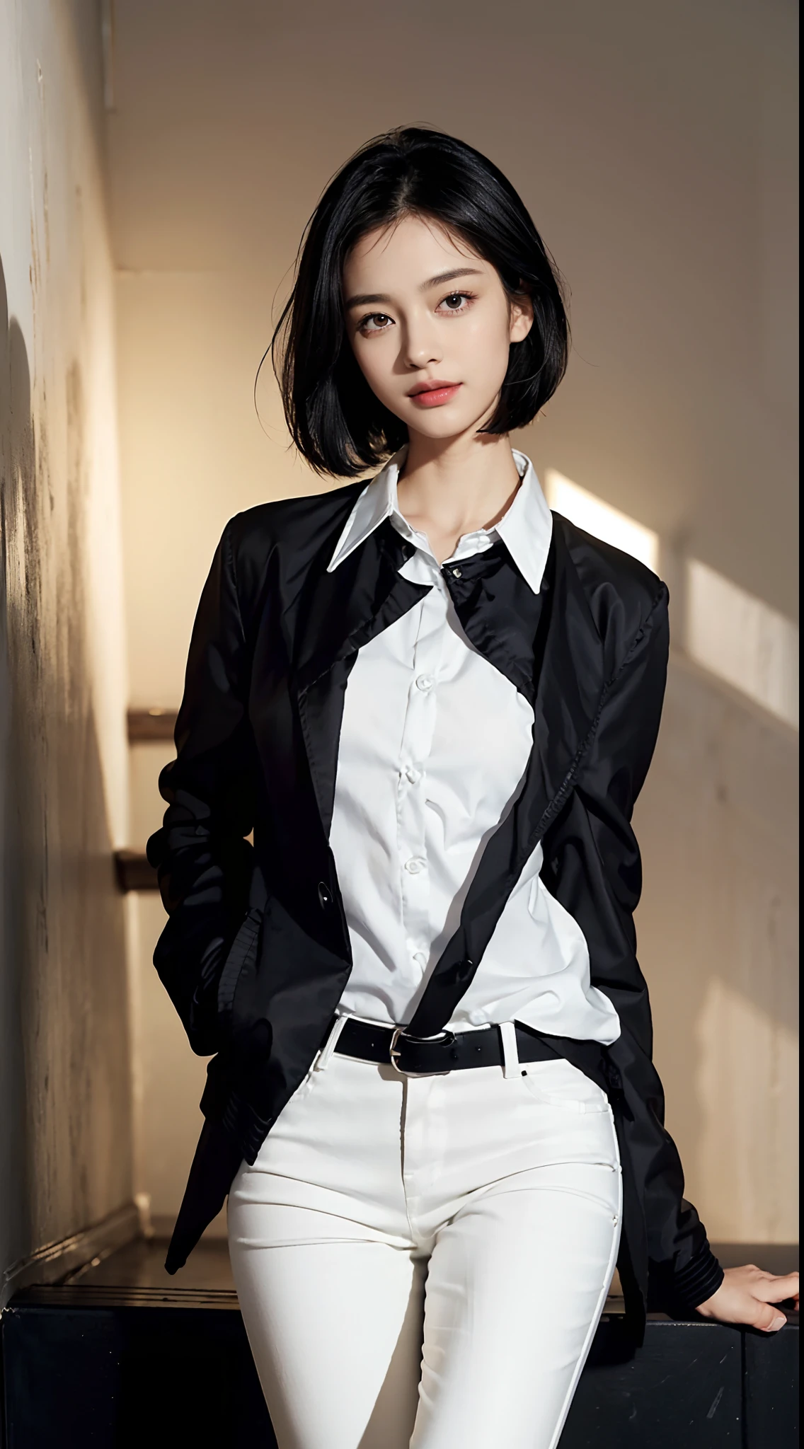 (shoulder length straight short hair: 1.1),(black hair:1.3),(Extremely meticulous CG 8k wallpaper），（Extremely refined and beautiful），（Masterpiece），（best qualtiy：1.0），（Ultra High Resolution：1.0），beautiful light up，Perfect lightning，realistic shaded，[A high resolution],(Smooth and flawless fair skin:1.5),Extremely exquisite facial details,(perfect body：1.1），ultra - detailed,(A  beautiful girl:1.5)，small head,(Small breasts:1.1)，Flat chests，slim，thin，Smile，cheerfulness,(black jacket:1.5),(white collared shirt:1.3),(black pants:1.4),Slender legs,standing,(In the stairwell of the residential building:1.5), bright lights,Portrait photo,close shot,cowboy shot,from front,shoulder off
