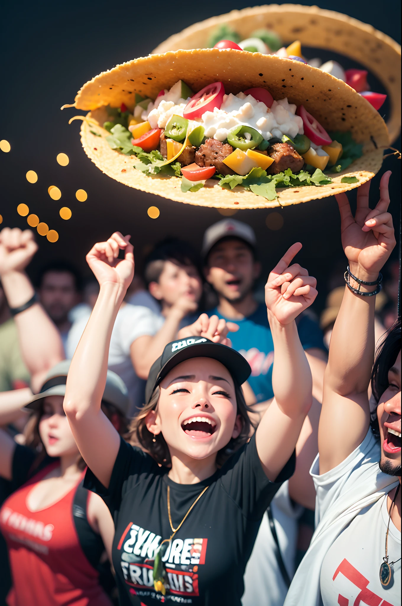 (best quality,4k,highres,masterpiece:1.2),ultra-detailed,realistic:1.37,tacos falling from the sky,cheerful atmosphere,drenched in vibrant colors,tacos pouring down magically,rain made of crispy tacos,can't help but laugh,people running with open arms,enjoying the delicious rain,hilarious surprise,taco fiesta in the air,crowds gathering,eating tacos with pure joy,extraordinary moment,mid-air salsa and guacamole,party hats and confetti,bright and sunny summer day,taco trucks parked below,overflowing with toppings and flavors,tacos in all shapes and sizes,catching them with plates,dancing to the taco rain,pinatas suspended in the sky,filled with even more surprises,taco-themed decorations everywhere,maracas and sombreros creating rhythm,taco lovers paradise,delightful crunch in each bite,euphoria and laughter filling the air,unique and unforgettable spectacle,stomachs and hearts full of happiness.