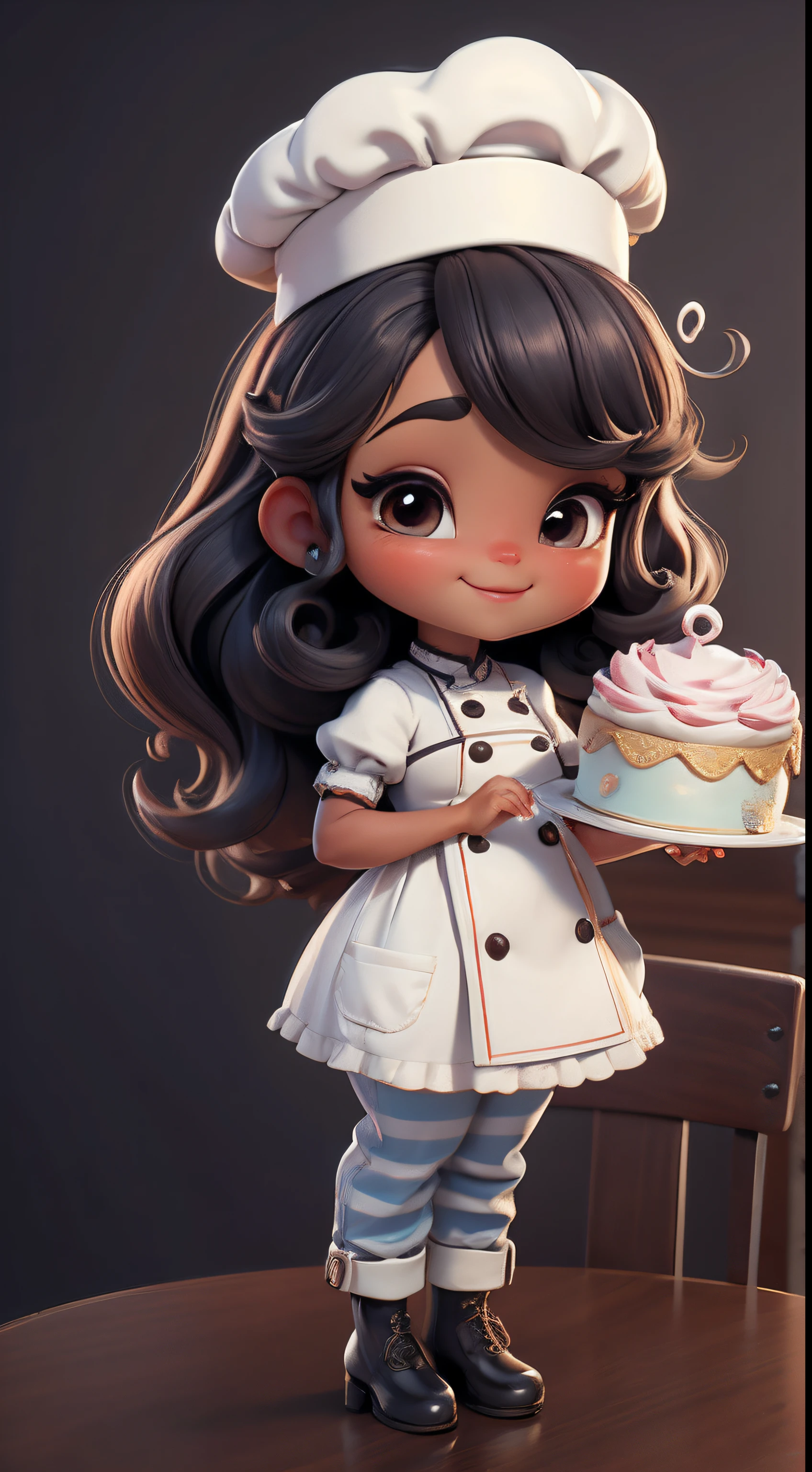Create a series of cute baby chibi style afro dolls with a cute pastry chef theme, each with lots of detail and in an 8K resolution. All dolls should follow the same solid background pattern and be complete in the image, mostrando o (corpo inteiro, incluindo as pernas: 1.5)

Boneca Mini Chef: Chame-a de Marina. Ela deve ter cabelo pequeno em tom preto marrom. Seus olhos devem ser grandes e expressivos, with long eyelashes and rosy cheeks. Sorriso delicado e branco. Sophie deve estar vestida com uma jaqueta de chef, striped pants and an ornate chef's hat. She must hold a chocolate brigadier in her hands. Certifique-se de adicionar detalhes nas roupas, such as buttons and pockets, sapato bonito

Certifique-se de adicionar sombras, texturas e detalhes nos cabelos, roupas, confectionery utensils, to make them even more adorable and charming.