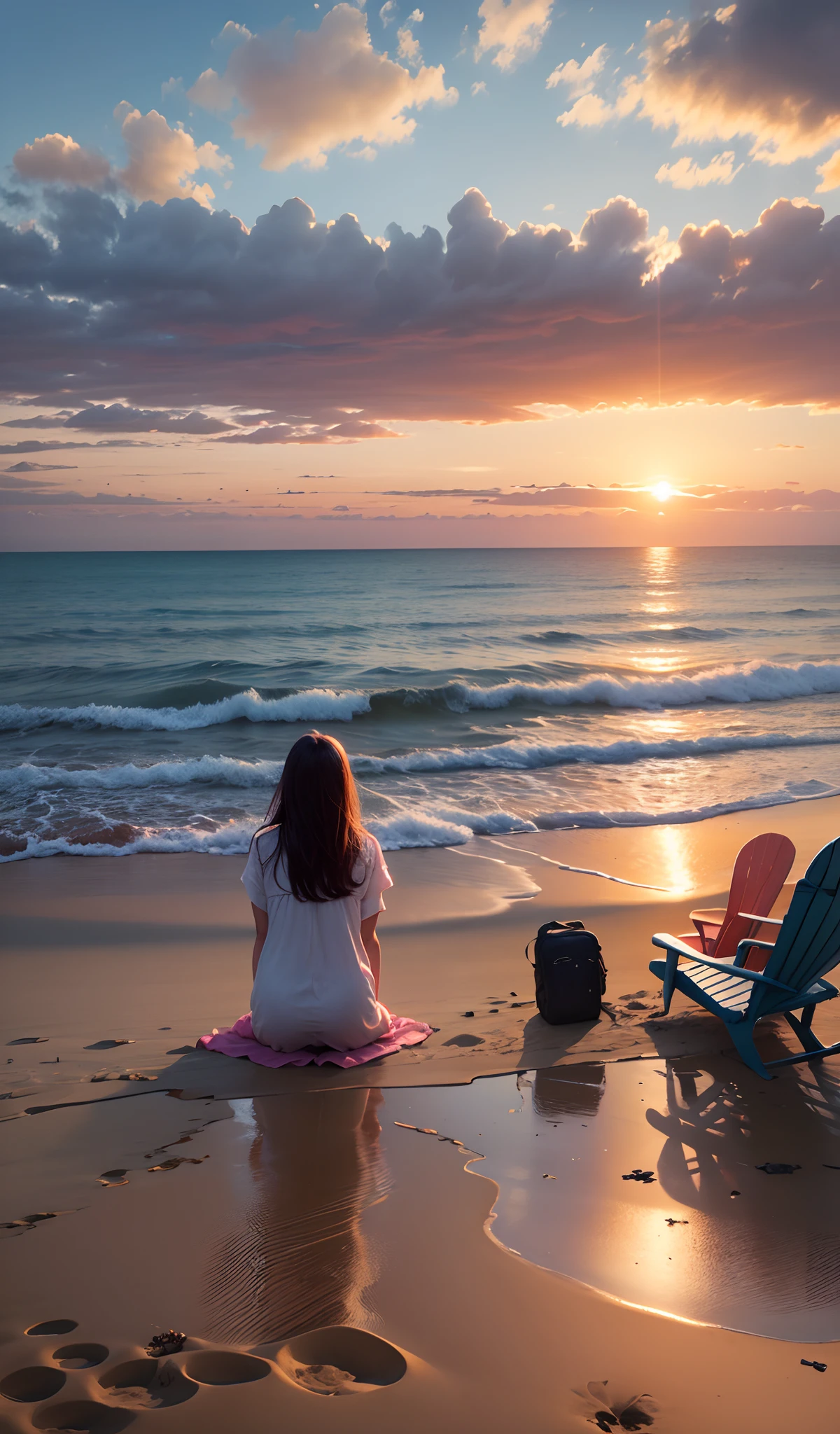 On a beach, a woman sitting on the edge of the sea, with her back to the camera, flowing hair, cuddled with her dog, enjoying the landscape, sky with large cloud formations, laughter, seagulls flying, late afternoon, photorealistic, well detailed, intricate masterpiece, 8k, great focus, ultra HD, absurdly realistic, detailed, perfect composition;