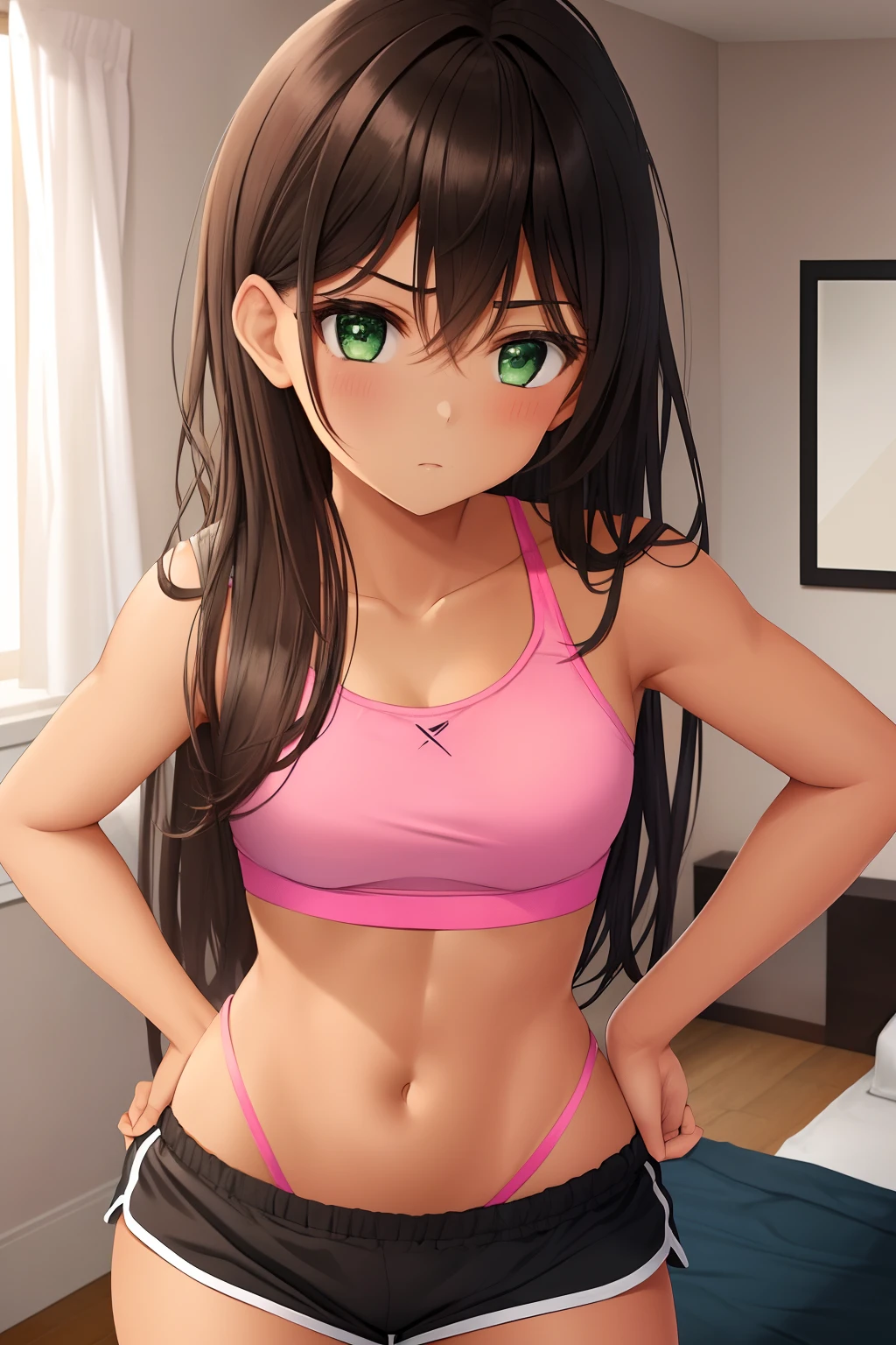 girl in a bedroom, wearing a black sports bra, wearing pink shorts, tanned skin, strong body, one hand on hips, straight dark brown hair, green eyes
