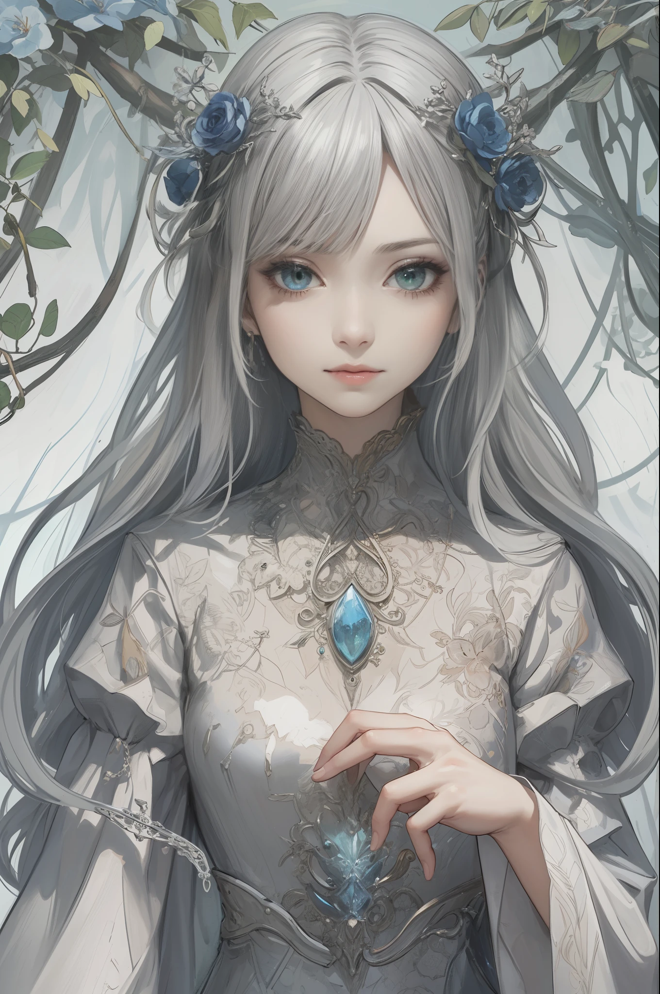 (Best quality,high resolution,Ultra-detailed),1girll,Mature woman,Silver hair,Long hair,Bob bangs,Green eyes,Daytime dresses,Long sleeves,Beautiful detailed eyes and face,Intricate details,Break the art of mosaics,small,Colored inlay,complex patterns,Tile design,Durable surface,Ancient Techniques,A breakthrough in macro photography,Extreme close-up,Complex details,enlarged textures,Amazing clarity,Hidden beauty,Immersive perspective,BREAK is handmade,Handmade products,Unique design,Complex details,Creative expression,Exquisite craftsmanship