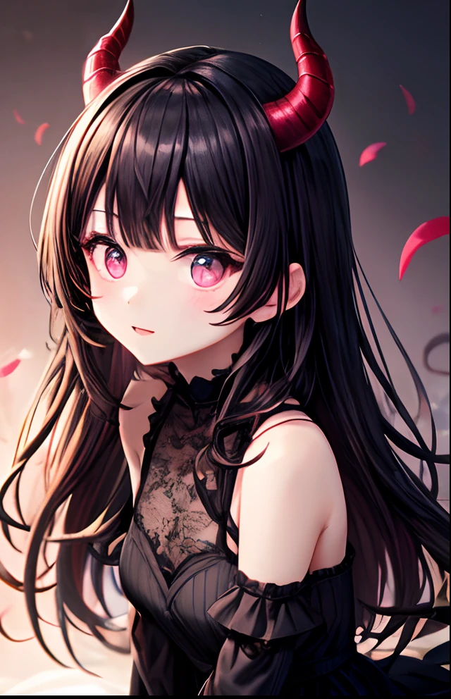 girl with、No background、without background、Background through、A dark-haired、Twin-tailed、Two knots、Subject bangs、Pattsun bangs、Aligned bangs、Sareme、Sauce order、Pink eyes、Pink eyes、Black Dress、Black dress、Black feathers、feathered、Horns、horns grow、Diabolical、Small devil、A dark-haired、kawaii、No background