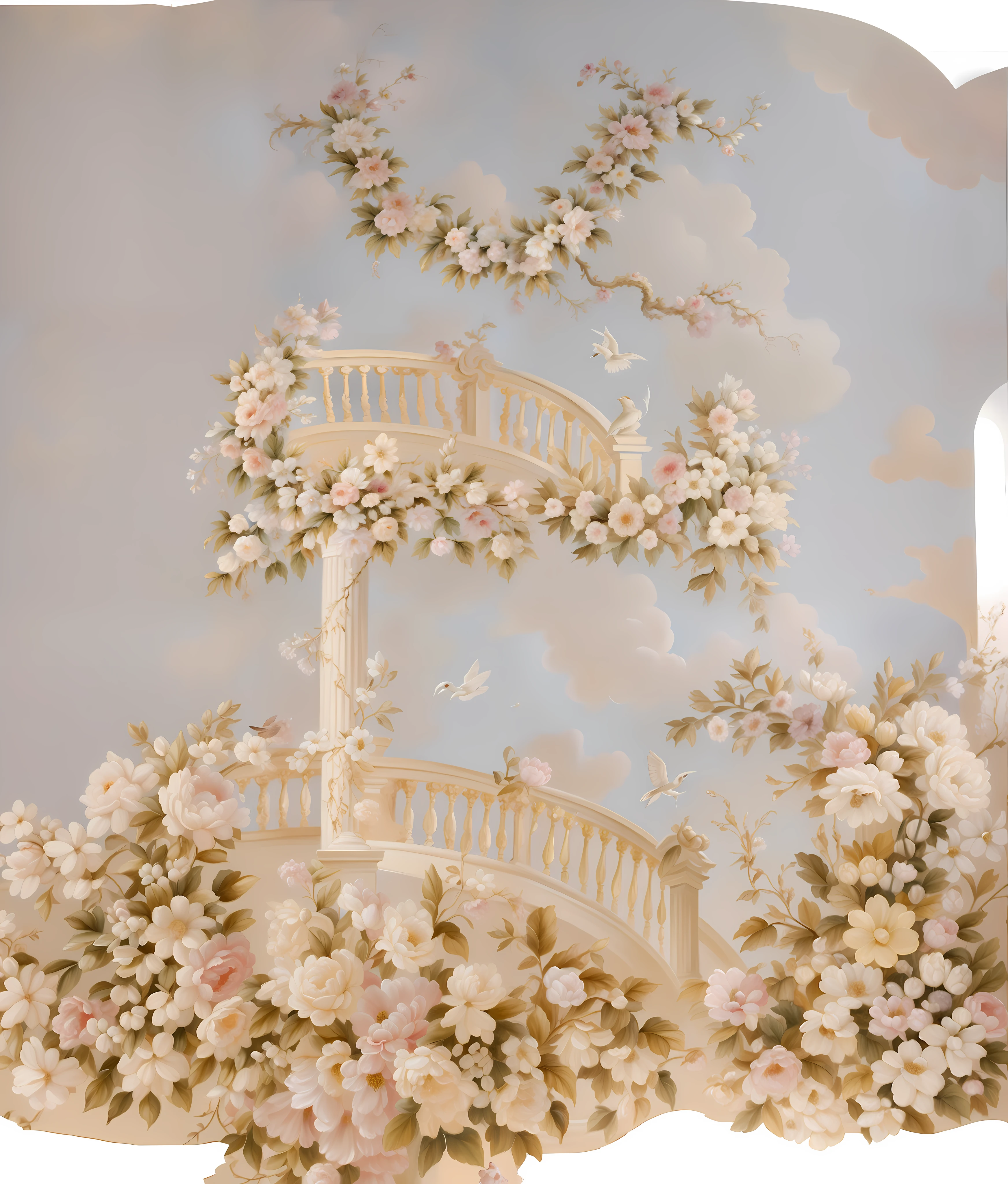 There is a painting of a white staircase with flowers, Baroque painting scenery, floral painted backdrop, stunning arcanum backdrop, rococo elements, ivory rococo, ornate backdrop, Rococo Decorations, Directed by: Li Mei-shu, Romantismo estilo de arte, heavens, heaven, coliseum backdrop, sonho floral, barroco, rococo art style