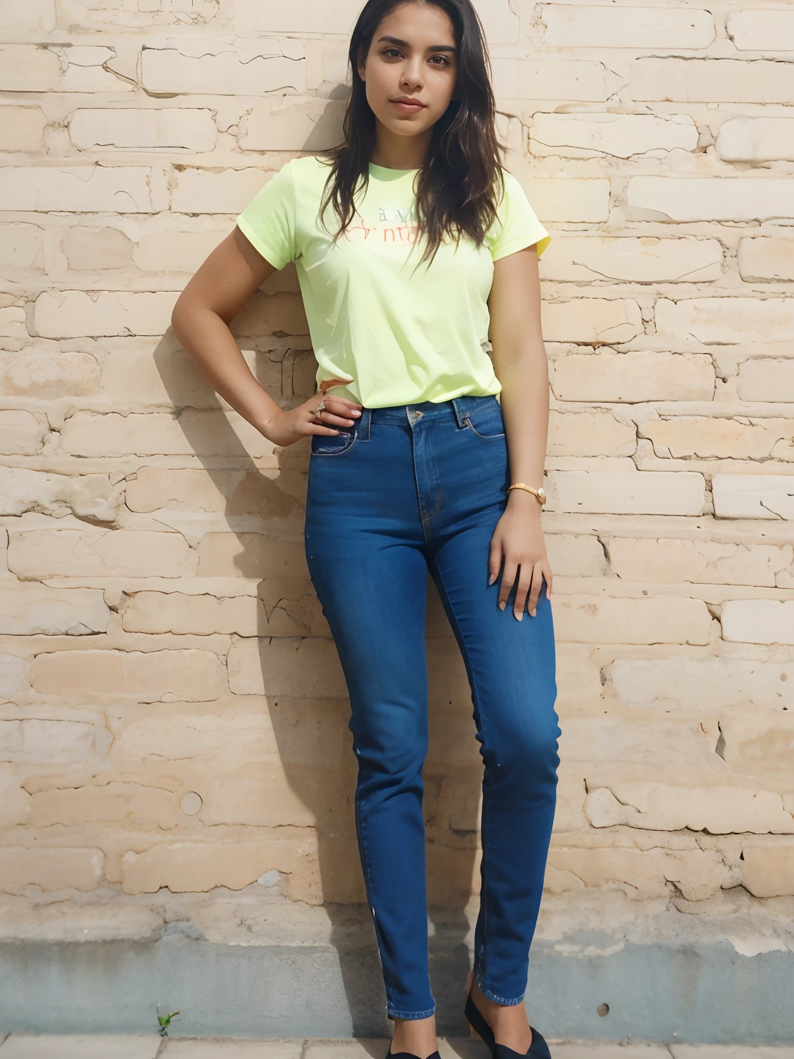 21 yo women Ananya Pandey wearing embroidery printed Pink t shirt green jeggings body fit clothes garden full body hand fix with hair pose sweet smile perfect anatomy realistic realism ultra detailed eye ultra detailed face 8k, more realistic, ultra realistic face, full body image, outdoors photo, black shoos.