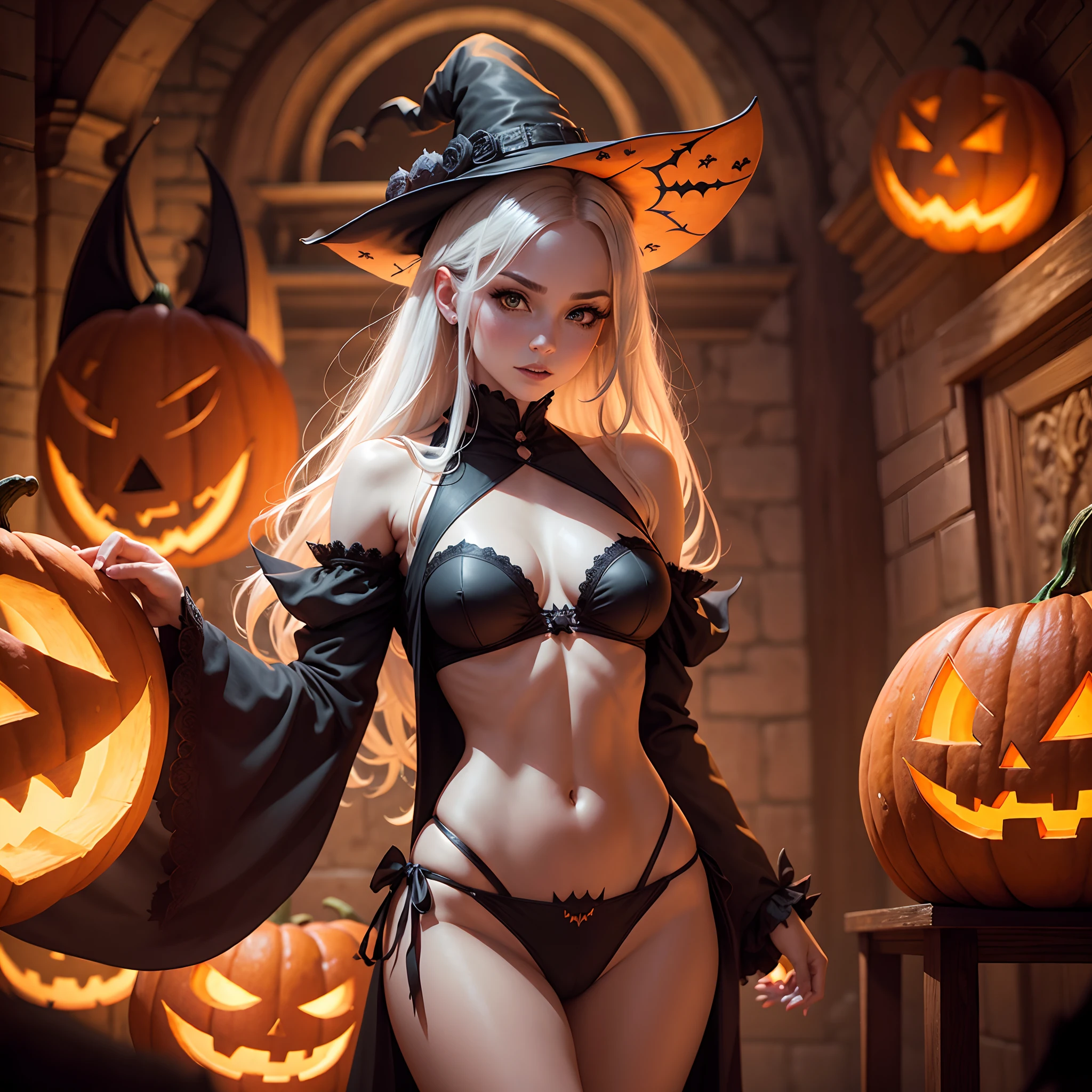 Halloween Body,In a huge castle,Hang a scary jack-o-lantern,There are girls in witch masks,a group of bats,tmasterpiece,Highest image quality,Highest detail