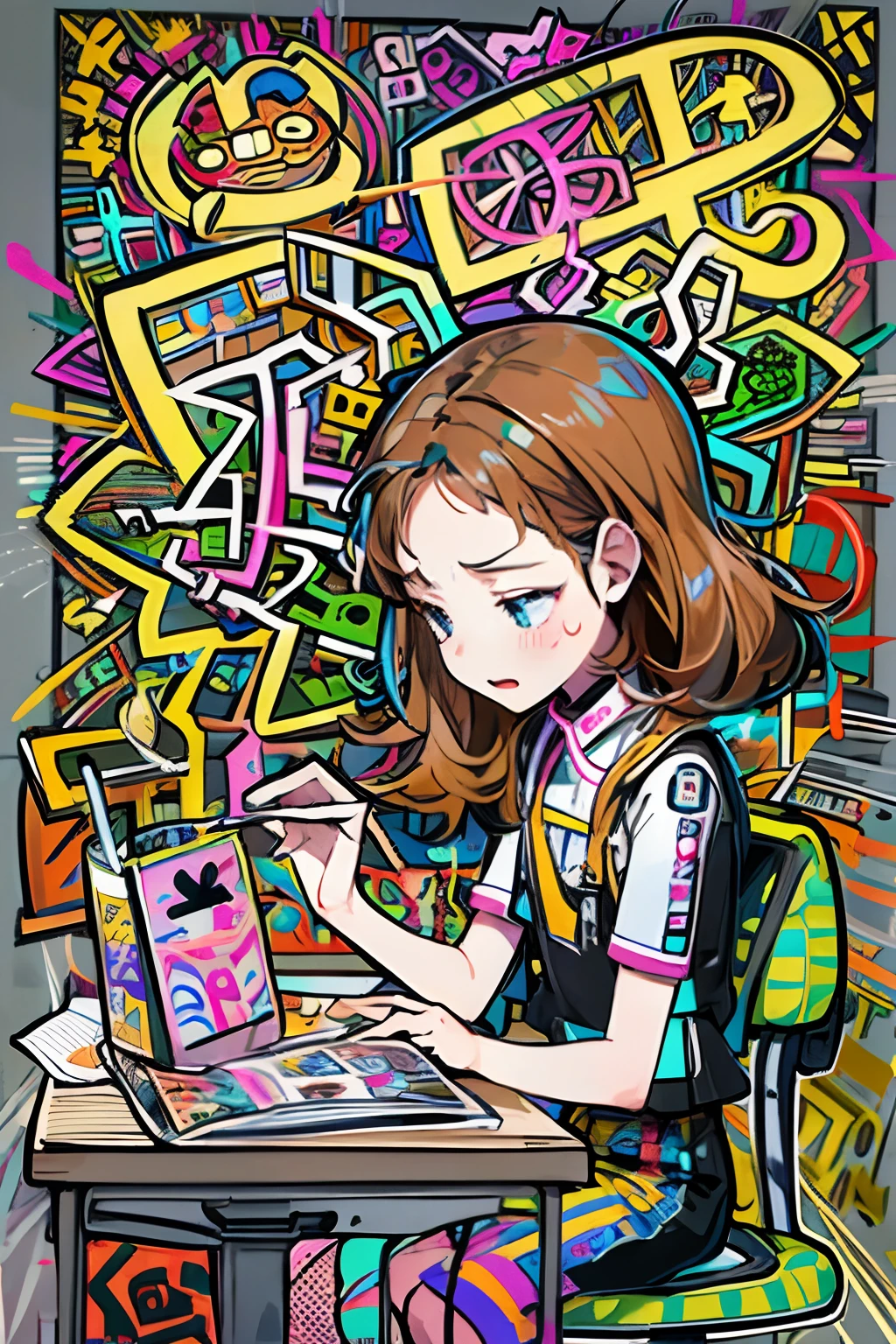 Cute girl, Do your homework at your desk
doodle
Keith Haring-style graffiti
Clear illustrations
Blending modes
Text and emoji installation
MJ，S-value 800 for correct human anatomy，Clear fingers，Harmonious movement