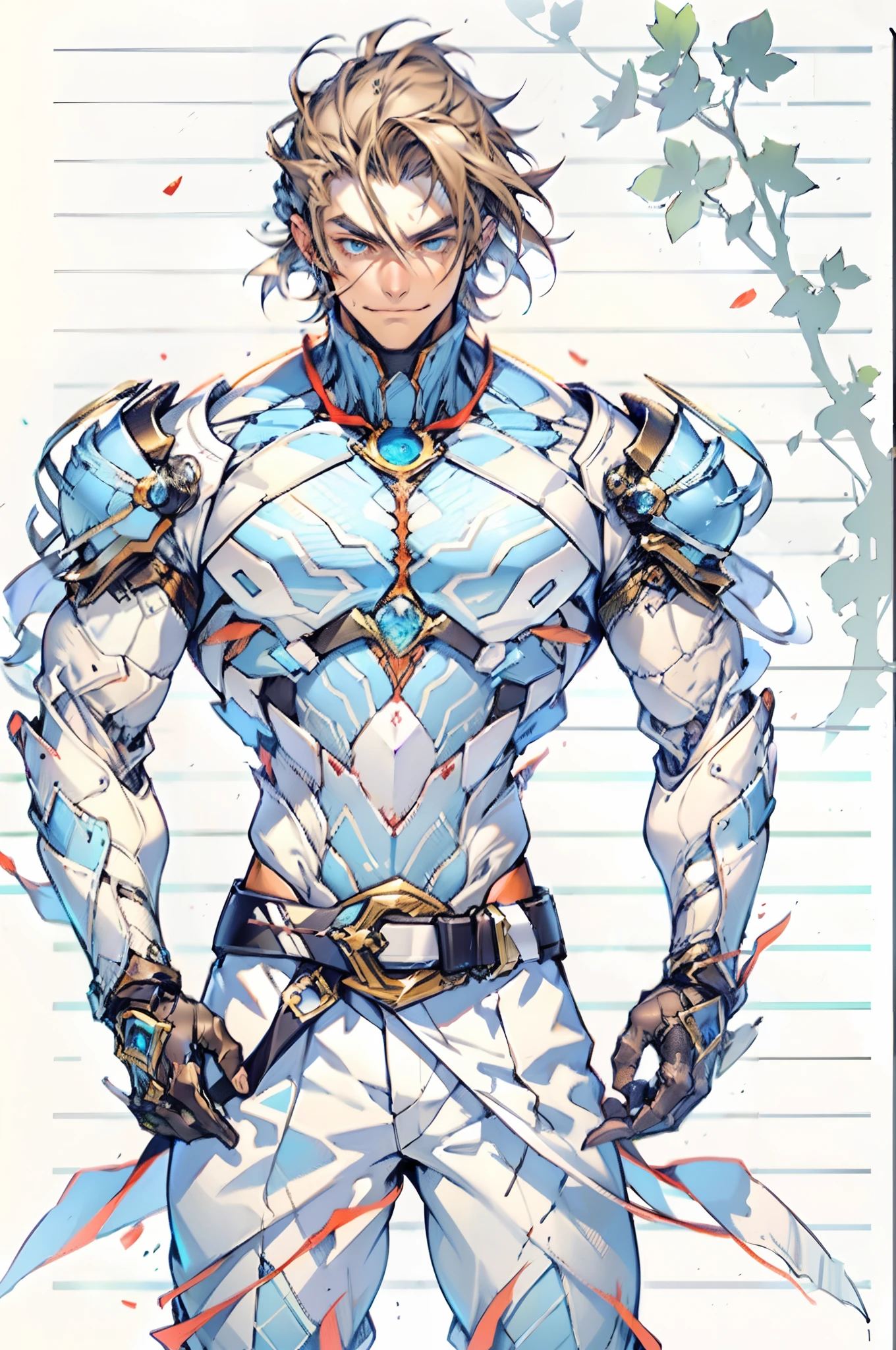 A young man with short orange-brown hair, a wild hairstyle, knife-like thick eyebrows, bright and spirited big eyes, a fearless expression, a smile at the corner of his mouth, he wears a bizarre fantasy surreal-style chest armor with scales textures, wearing a dark bodysuit underneath, fingerless gloves, a beautifully fur belt around his waist, matching coarse cloth trousers, undaunted and wild posture, the background depicts a torn sky and earth, this character embodies a finely crafted fantasy surreal-style in anime style, characterized by an exquisite and mature manga illustration art style, high definition, best quality, highres, ultra-detailed, ultra-fine painting, extremely delicate, professional, anatomically correct, symmetrical face, extremely detailed eyes and face, high quality eyes, creativity, RAW photo, UHD, 8k, Natural light, cinematic lighting, masterpiece-anatomy-perfect, masterpiece:1.5