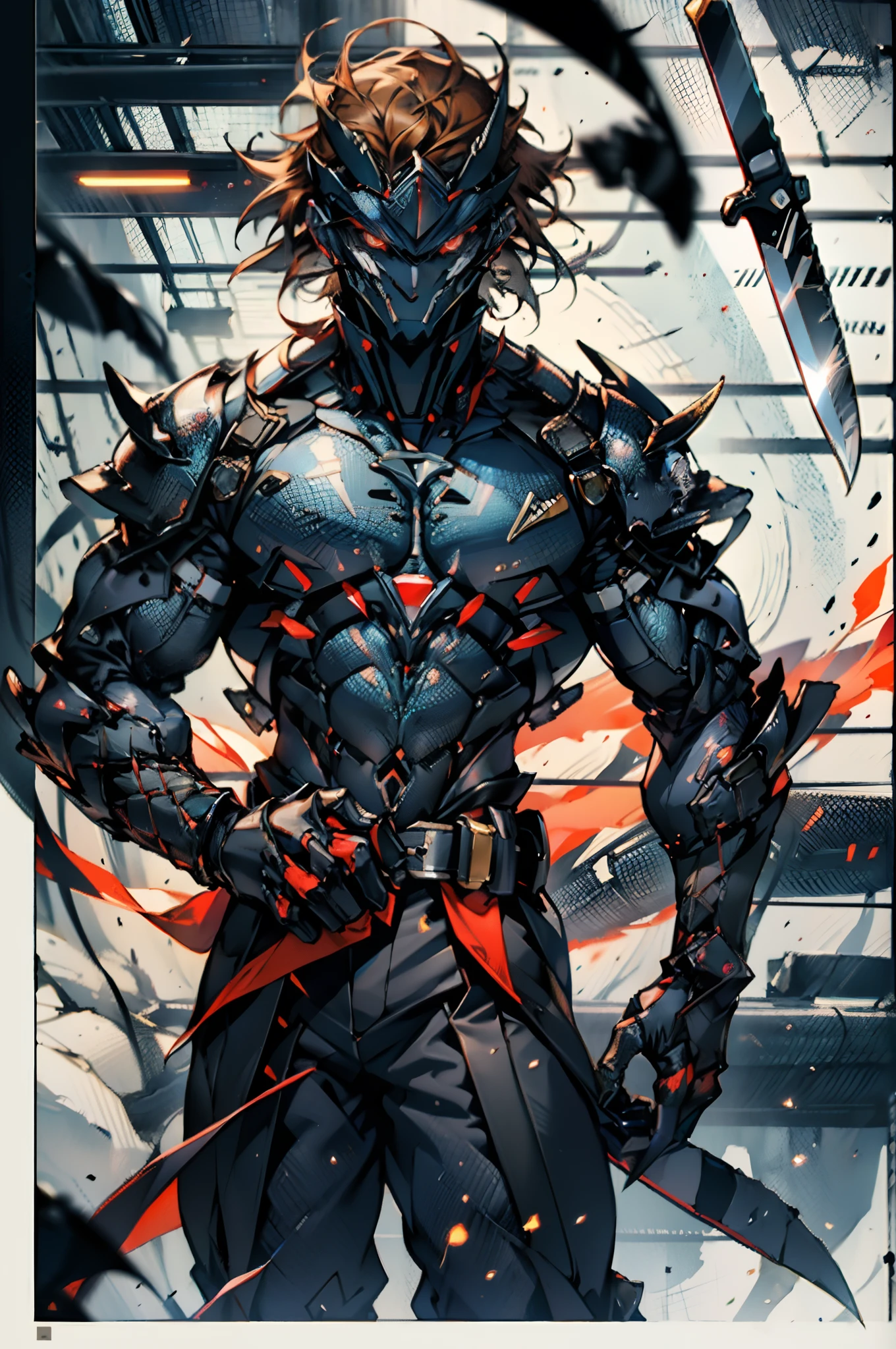 A young man with short orange-brown hair, a wild hairstyle, knife-like thick eyebrows, bright and spirited big eyes, a fearless expression, a smile at the corner of his mouth, he wears a bizarre fantasy surreal-style chest armor with scales textures, wearing a dark bodysuit underneath, fingerless gloves, a beautifully fur belt around his waist, matching coarse cloth trousers, undaunted and wild posture, the background depicts a torn sky and earth, this character embodies a finely crafted fantasy surreal-style in anime style, characterized by an exquisite and mature manga illustration art style, high definition, best quality, highres, ultra-detailed, ultra-fine painting, extremely delicate, professional, anatomically correct, symmetrical face, extremely detailed eyes and face, high quality eyes, creativity, RAW photo, UHD, 8k, Natural light, cinematic lighting, masterpiece-anatomy-perfect, masterpiece:1.5