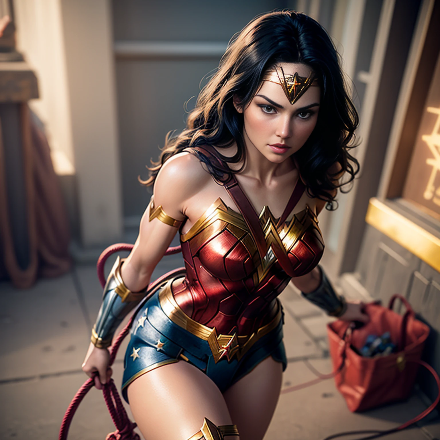 women, with wonder woman costume, with dark suit, ultra realistic, ultra HD, 4k, detailed