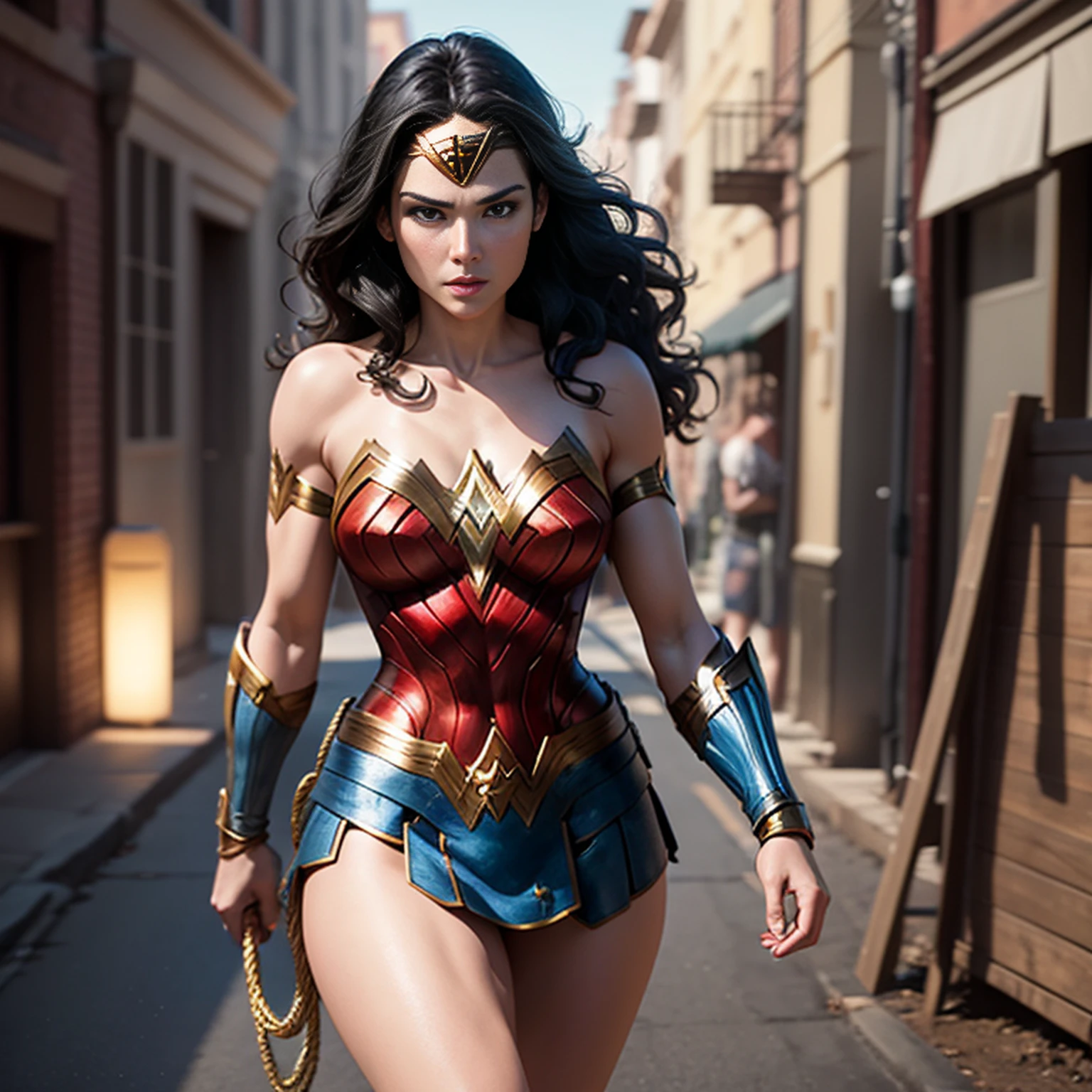 Wonder Woman with her shiny Lasso of Truth, photo-realistic, octan render, Motor irreal, ultra-realistic