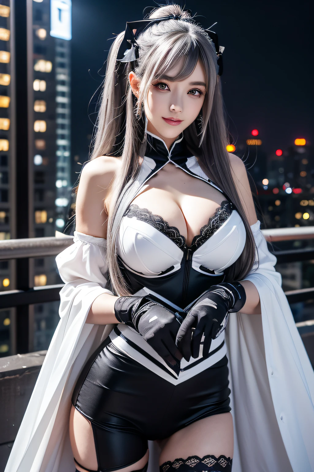 (Realistic painting style:0.9), masutepiece, Best Quality,  absurderes, Looking at Viewer, Solo, bronya zaychik (silverwing n-ex), bronya zaychik, Red pupils, 1girl in, Solo, breasts, Long hair, ((Female Keeper Cosplay)), Black and white costume、Grey Hair, cleavage, Looking at Viewer, Smile, Closed mouth, Bangs, grey  eyes, Jewelry, single glove, earrings,gloves, Drill Hair, hair between eye, Large breasts, twin drills, White sleeves, Hair Ornament, Single-pole drone, city, Night、Female Keeper Cosplay, Black and white costume、a smile