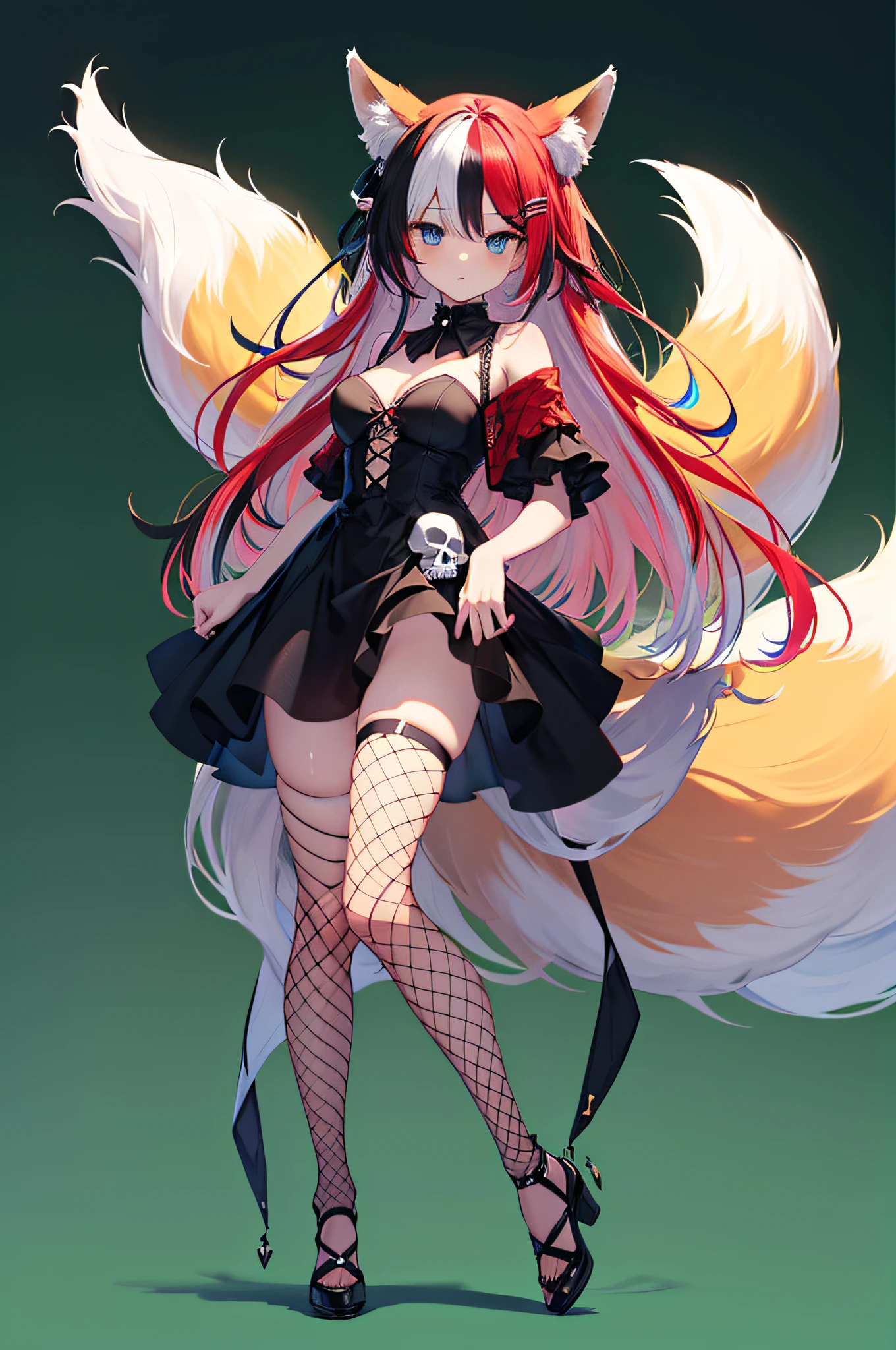masterpiece, best quality, super fine illustration, perfect anatomy, correct anatomy, perfect proportion, perfect face, perfect hands, perfect legs, perfect fingers, perfect hands, professional lighting, best quality, ultra detailed, extremely delicate and beautiful, 4k, 8k,,1girl, fox girl, (((multicolored hair:1.2)(black 1.1)(red 1.1), fox ears, long hair, fox tail, black dress, fishnet stockings, cute expression, skull hair clip, blue eyes, full body, solid green background,