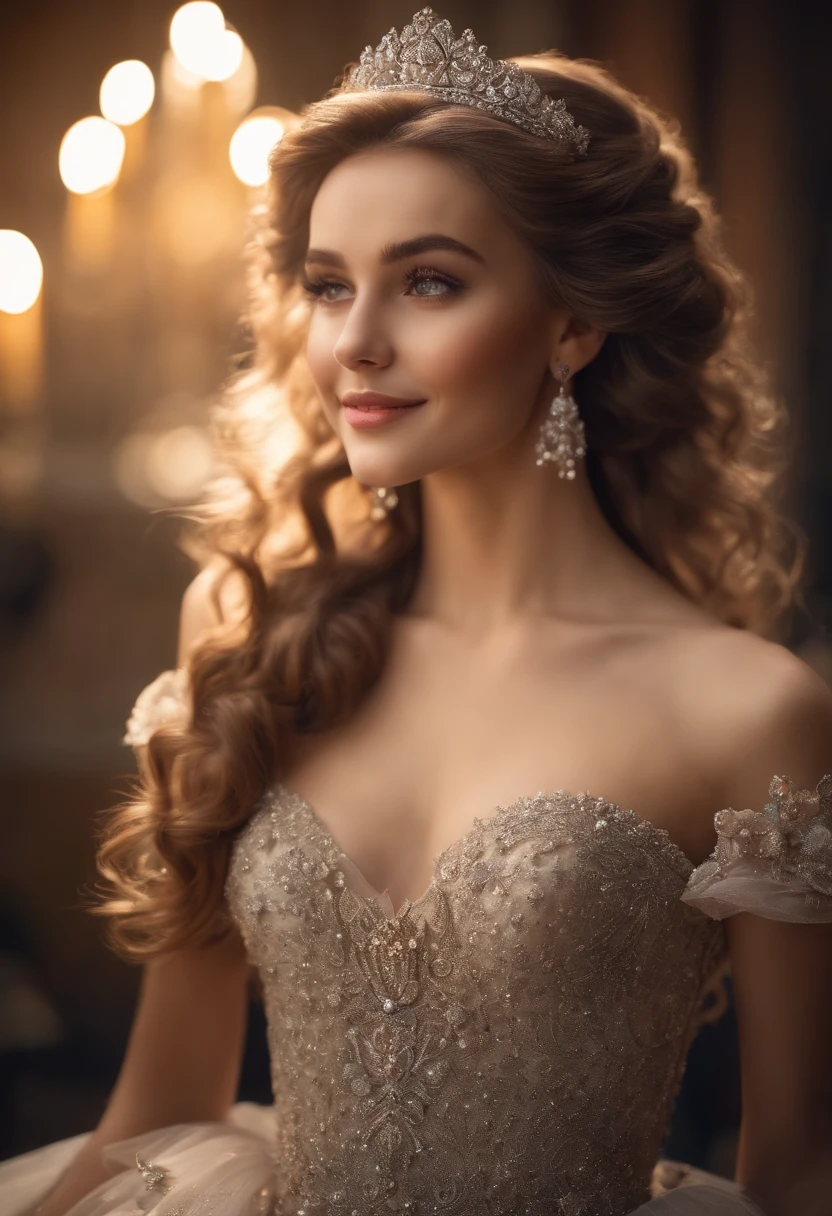 dramatic compositions, Dress in court style, royal, Gorgeous, Cascade frills, frilld, the bow, crystal chandeliers, Roman curly hairstyles, ponet, Double ponytail like a drill, Look at the camera, Bangs, maximalism, palace background, Delicate depiction of hair and eyes, Princess Dresses, Gorgeous skirts, Flowers in hand, Smiles, Starry eyes, Cinematic Light, Extreme Detail, High Definition, happy girl, Very long hair, Diamonds, Broken Diamond, Junction chips, light Particle