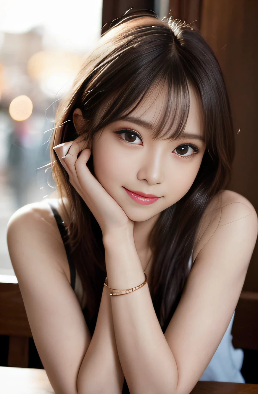 masterpiece, best quality, 8k, , raw photo, award winning portrait, smile, smile, solo, idol face, beautiful, extremely pretty, cute, japanese women,female idol, round big eyes, dropping eyes, small nostrils, light makeup, big round eyes, narrow waist, delicate girl, upper body, DSLR, looking at viewer, candid, sophisticated, youthful, thin arms, professional lighting, (detailed eyes and face:1.0), (bokeh:1.1)