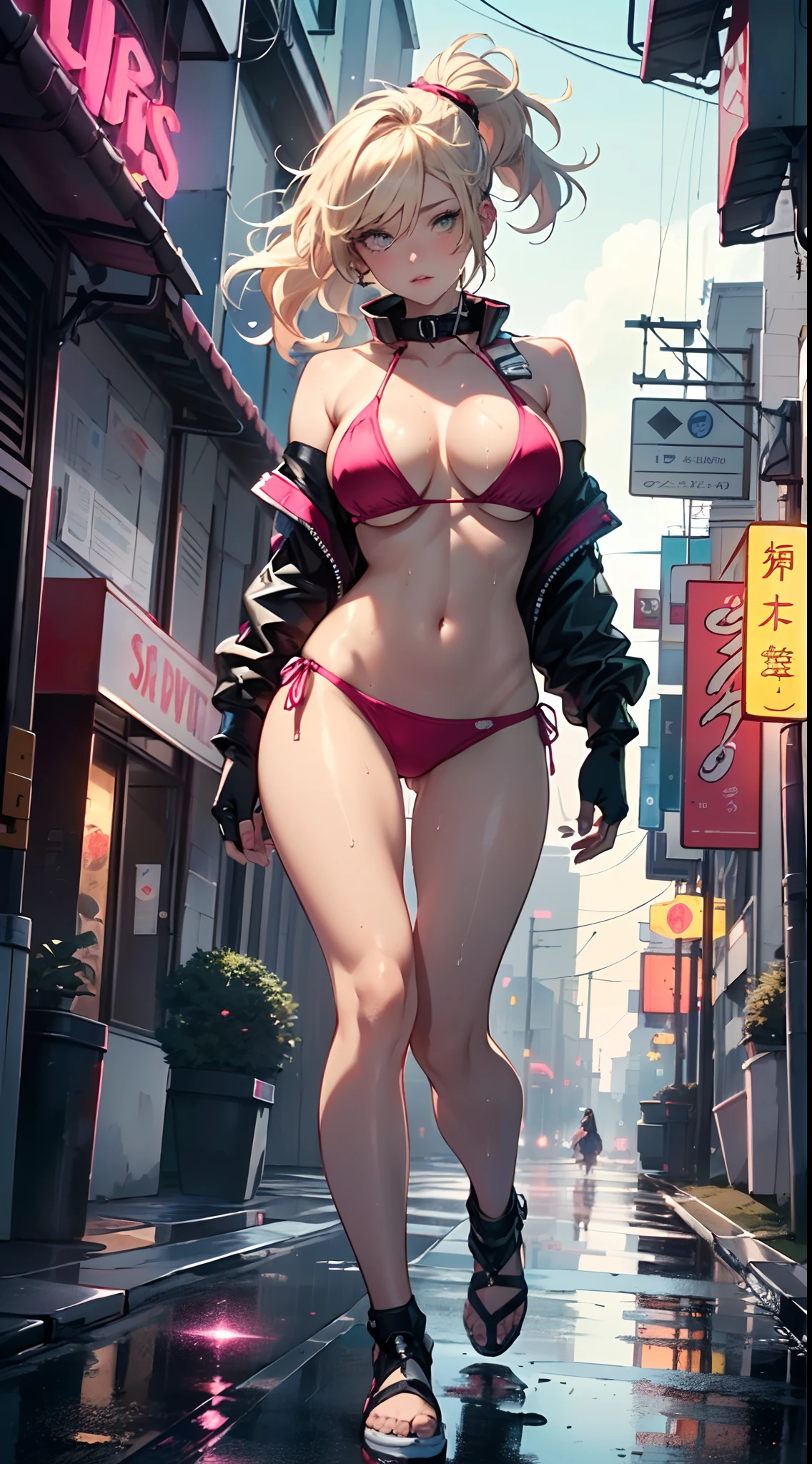 girl swimmer,((girl with extremely cute and beautiful blonde hair)),
(large breasts:1.4),saggy breasts,(((very light blonde ponytail hair:1.35,straight hair,ponytail long hair:1.4,colored inner hair,ear breathing))),((heterochromia:1.5, (pink_eye and yellow_eye))),intricate eyes,beautiful detailed eyes,symmetrical eyes,((fat)),(((lustrous skin:1.5,bright skin: 1.5,skin tanned,shiny skin,very shiny skin,shiny body,plastic glitter skin,exaggerated shiny skin,illuminated skin, wet legs))),(spider lower abdomen,narrow waist,wide hip,athletic body,inflated legs,detailed body,(detailed face)),
cute,slutty,seductive,erotic,((nsfw)),
zettai ryouiki,((two-piece swimsuit magenta,wearing a bikini outfit:1.3,sport bikini)),(rgb headphones:1.5,cyber gloves:1.5,huge mech-gloves),((wet clothes,intricate outfit,intricate clothes,intricate swimsuit, intricate bikini)),
(dynamic pose:1.0),embarrassed,(centered,scale to fit dimensions,Rule of thirds),
cyberpunk city by the ocean at night, with bright neon signs and dark stormy clouds and puddles, scenery:1.25,
artistic photography,(photography taken by sldr),highres, sharp focus, (ultra detailed, extremely detailed), (photorealistic artwork:1.37),(extremely detailed CG unity 8k wallpaper),((synthwave background theme)),(((vibrant colors))),(intricate background),(masterpiece),(best quality),