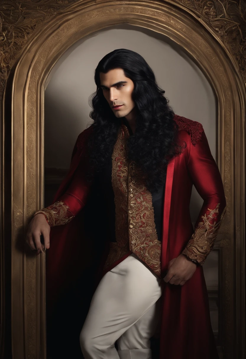 apenas 1 homem, homem muito bonito, cabelo dourado com estilo de cabelo longo, olhos vermelhos, usar terno preto e asas pretas, vampire vibes