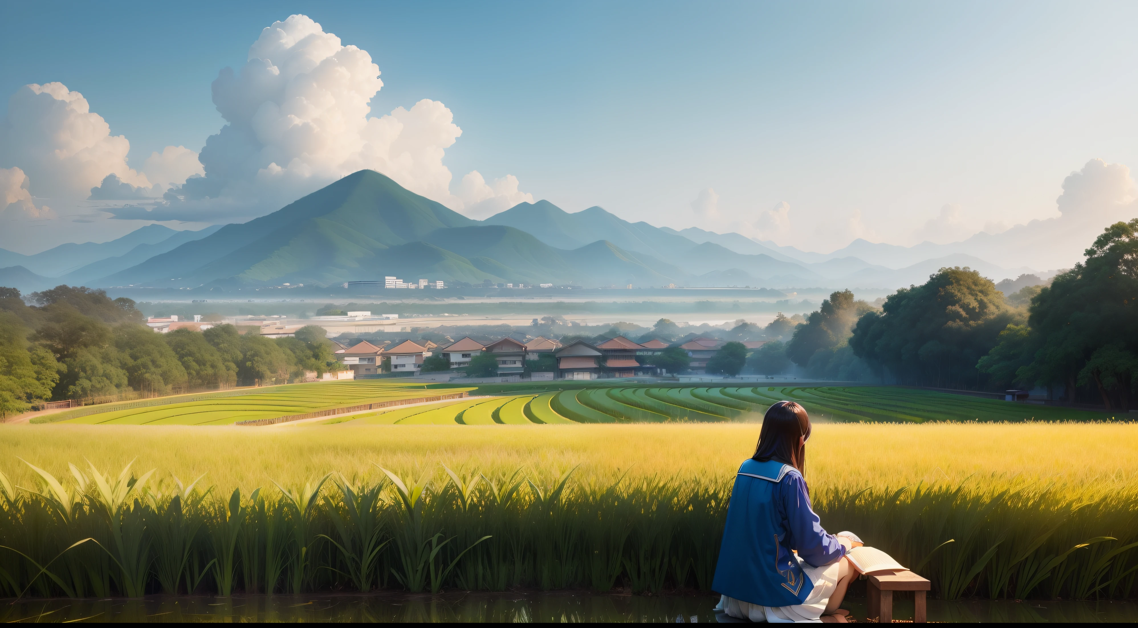 Golden rice paddies,Under the ears of rice, which are taller than a human, sit students who study seriously,Shenzhen blue and white summer uniform,Modern metropolis in the distance。#Creative drawing#