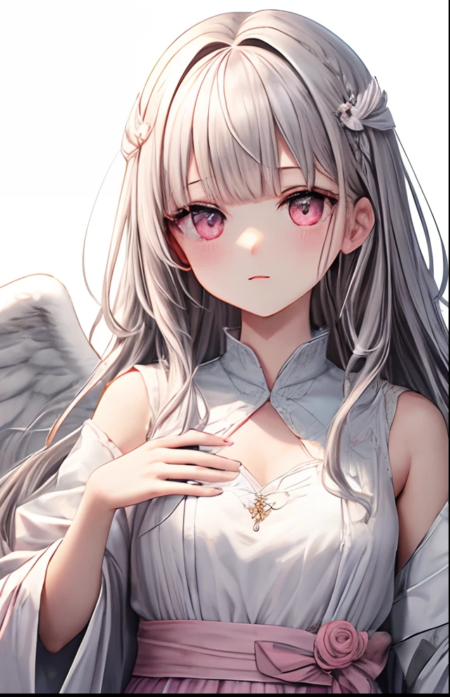 girl with、No background、without background、Background through、Gray hair、Gray hair、greyt hair、The long-haired、Subject bangs、Pattsun bangs、Aligned bangs、Sareme、Sauce order、Pink eyes、Pink eyes、robe blanche、White Dress、angelicales、Circle of Angels、White feathers、feathered、angel、kawaii、No background