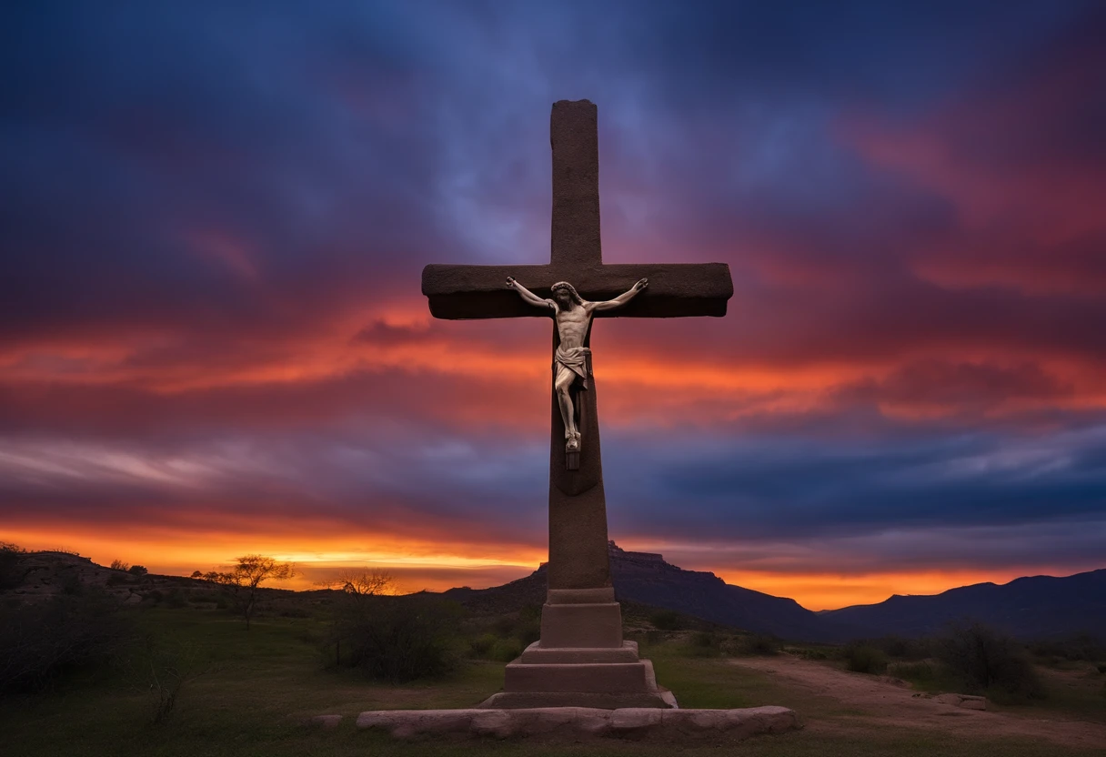 Cross where Jesus was crucified in high definition with the sunset in the background , paisaje realista, Corona de espinas en la cruz