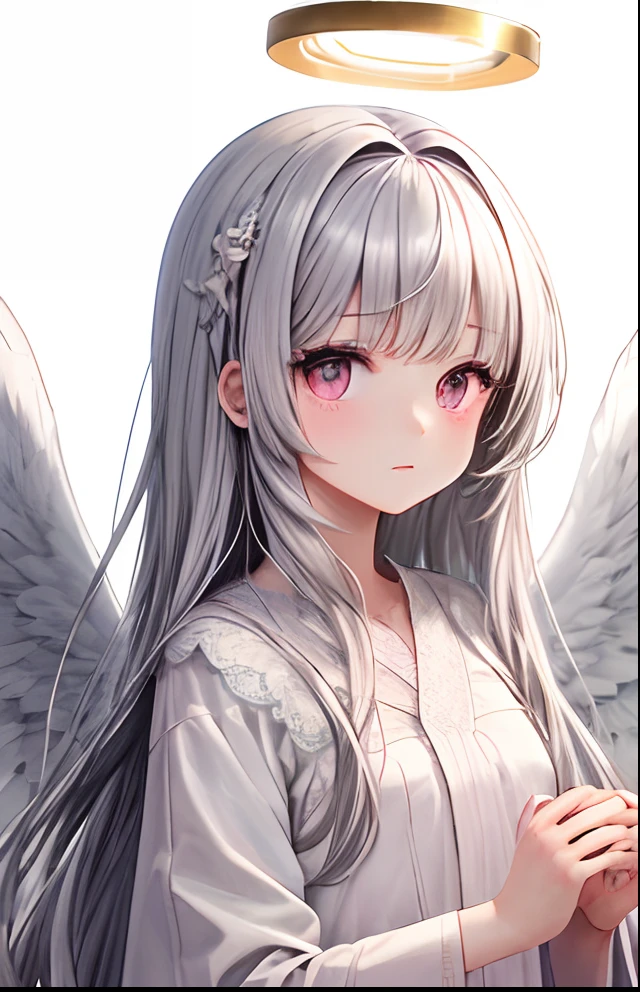 girl with、No background、without background、Background through、Gray hair、Gray hair、greyt hair、The long-haired、Subject bangs、Pattsun bangs、Aligned bangs、Sareme、Sauce order、Pink eyes、Pink eyes、robe blanche、White Dress、angelicales、Circle of Angels、White feathers、feathered、angel、kawaii、No background