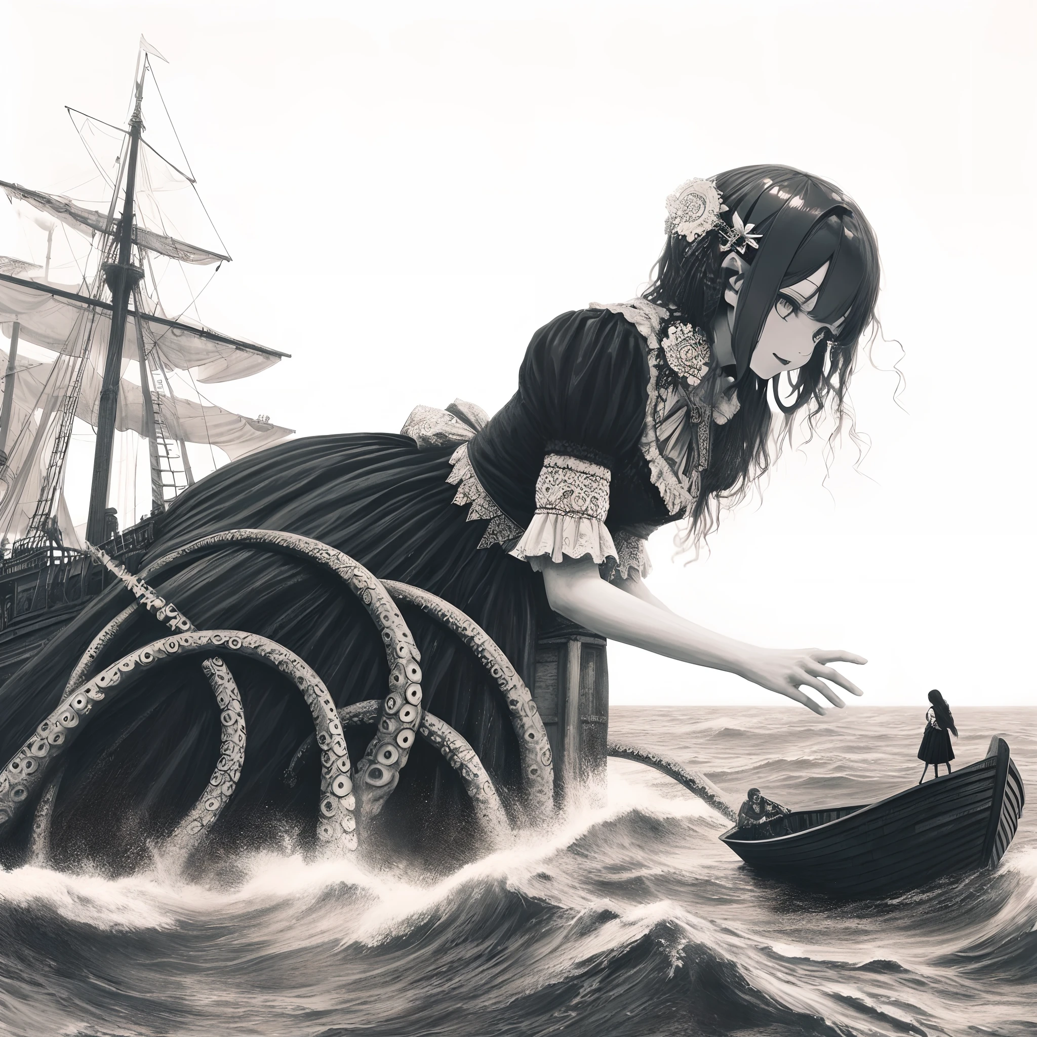 Giant girl leaning out of the sea. She wears a gothic dress. dress with ruffles. Grab and sink the ship. Wooden boat. Tentacles extending from the sea. typhoon. View from the ship.