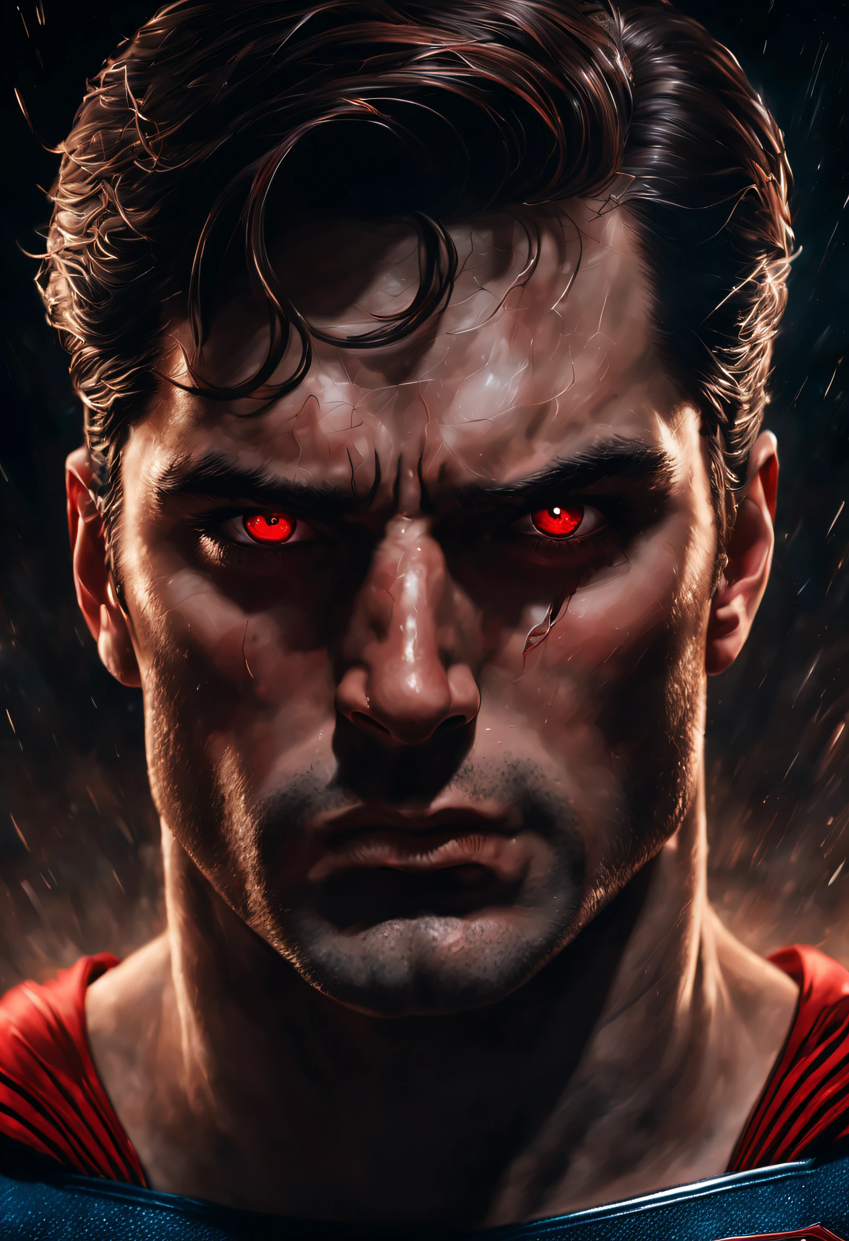 tears ,brown hair,red lazer eyes,man, super man, art pop, masterpiece,intricate details, horror theme ,portrait,dark ambience, dust,low light ,cinematic, ambient oclussion, chromatic aberration, Use a slightly low-angle perspective to make Superman appear larger than life, reinforcing his status as a heroic and sexy icon