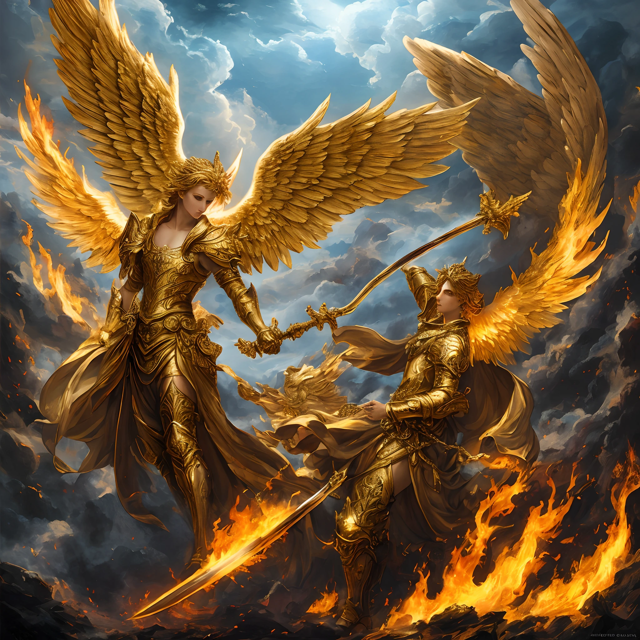 Figura angelical ultrarrealista: A golden angel with outstretched wings with a fiery sword in his hand in an apocalyptic setting and with dark smoke beautiful glowing clouds