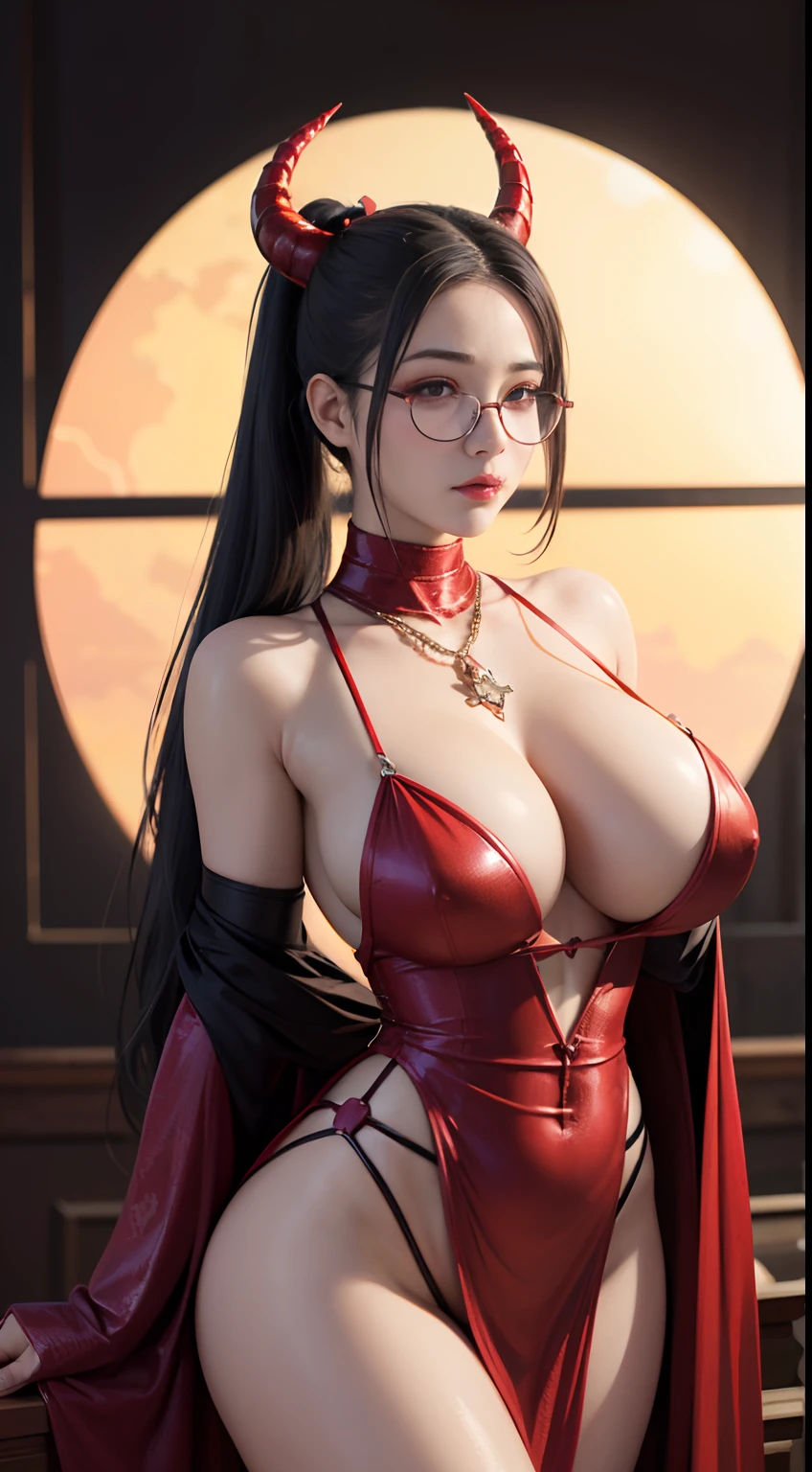 Fine、(The best illustrations)、8k UHD resolution、intricate-detail、top-quality、realisitic、ultra-detailliert、The best lighting、Best Shadows、Soft lighting、Ulutra HD、Ultra-realistic、Tindall Effect、Photorealsitic、(High Detail Skins:1.2)、 (Intricate details, makeup, pureerosface_v1:0.5), (Detailed beautiful delicate face, Detailed beautiful delicate eyes, A perfectly proportioned face, High detailed skin, Detailed skin, best ratio four finger and one thumb, arms below breasts, Tattoo with a red glow under the stomach、Awesome awesome, wide hips, smooth midriff, skiny and thin, __Fashion__, __hair__:1.25)、Digital SLR、 absurderes、1 beautiful devil woman from hell, surreal female portraits by David Hockney and Alphonse Mucha, Portrait of a seductive woman、Fantasy Art, Chinese Doll、Chinese actress、Dungeon、The dragon、Devil's Palace、Devil's Torture Chamber、natta、Dark style 、In the Dark、(Detailed spooky backgrounds:0.8), magia、 1人、Evil Nun、Dark Necromancer、Succubus、Devil's Daughter、Umi Shinonome、Bat Wings,(((Demon Horns)))、 ((((Huge glasses, Otaku Glasses, thick glasses, Round glasses)))),(((Colossal tits)))、(Devil's Tail)、(red eyes glowing:1.6)、red eyes make up very sharp and detailed, The eyes are very well made up, ((Red Eye:1.0)),intricate tattoos, demonic intricate tattoos, thigh tattoos, body tattoos, masterpiece、The most beautiful face、a baby face、Charming smile、plump beautiful red lips、Muscular seductive body、The enchanting body of the devil、devil style、Seductive Black Magic Costume、(((A shiny red snake is wrapped around her body)))、The long-haired、Braids、Black hair、Ponytail distortion、, Ponytail with a bow tied at the back of the hair, Beautiful expression、Body Up、Large breasts emphasis、Bust, Super tight breasts, Breast augmentation surgery, The breasts are very big and round and round,Toned waist、Wide buttocks、 lowkey, cowboy lens, (red phoenix dress: 1.0), devil crown, Red sparkling gemstone necklace、Jewelry Gwise, wearing black mesh socks,wearing a thin red and