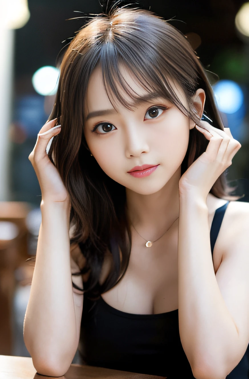 masterpiece, best quality, 8k, , teenw photo, award winning portrait, smile shyly, 1girl, idol face, beautiful, extremely pretty, cute, japanese women,female idol, round big eyes, dropping eyes, small nostrils, light makeup, big round eyes, narrow waist, delicate girl, upper body, DSLR, looking at viewer, candid, sophisticated, youthful, thin arms, professional lighting, (detailed eyes and face:1.0), (bokeh:1.1)