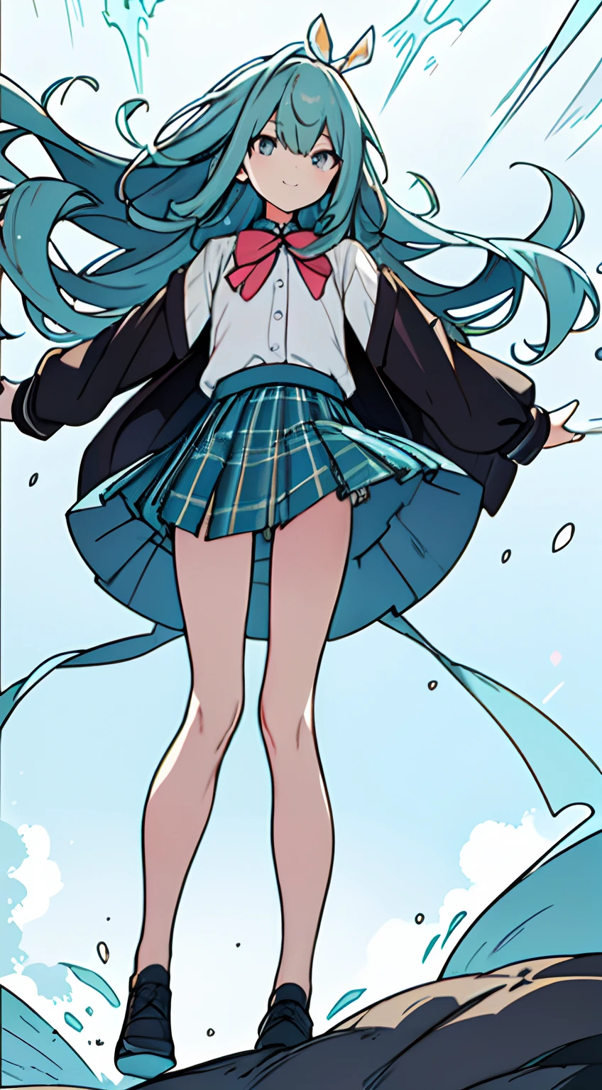 masuter piece, Best Quality,32K、Wallpaper, ultra -detail, Absurd beauty, 1beautiful girl、Big crisp eyes、Hair fluttering in the wind、Slender legs、Make your head smaller、miscievous smile、Angle looking up from below:1.3、♡♡♡、(Poses in motion)、Bust Up angle