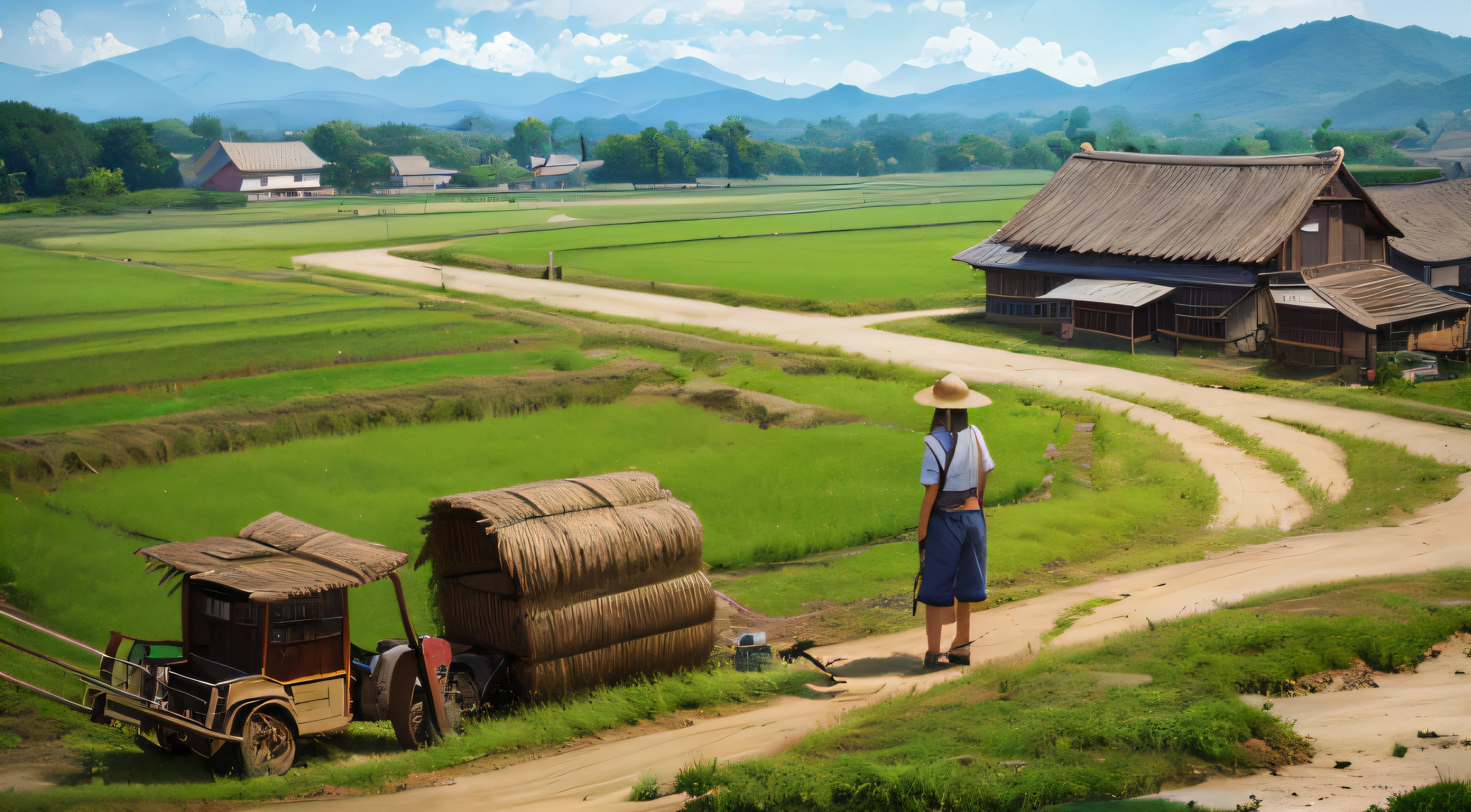 An honest Chinese farmer,(Cartoon style(Best quality,A high resolution),Traditional Chinese straw hat,Dirty overalls,hoe，Rural houses，Textures and brushstrokes similar to hand-drawn illustrations,Clear contours and clear shapes