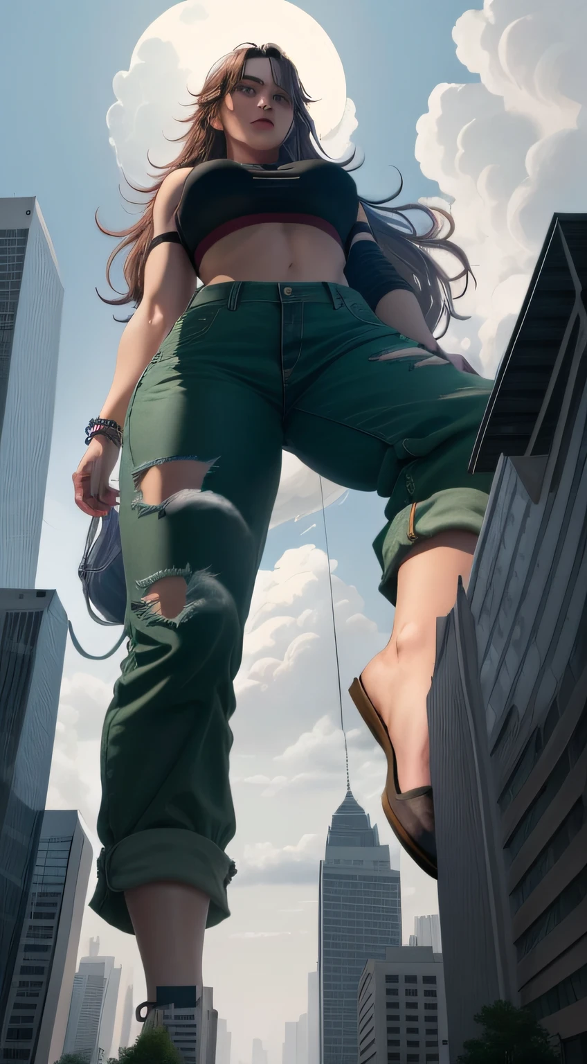 "A towering Giantess in a cool and laid-back hippie style is rocking a crop top and baggy pants. Her toned and athletic build hints at her massive strength. She seems to be casually strolling through the bustling cityscape of GTS City, as towering buildings loom overhead. Smoke and clouds roil around her, adding to the sense of epic scale and drama. The lighting is dark, gloomy, and realistic, creating a tense and ominous atmosphere. The perspective is from below, emphasizing the sheer majesty and power of the Giantess."