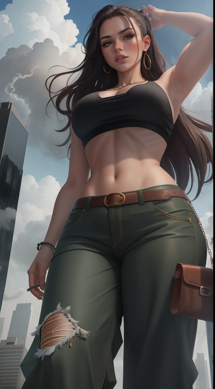 "A towering Giantess in a cool and laid-back hippie style is rocking a crop top and baggy pants. Her toned and athletic build hints at her massive strength. She seems to be casually strolling through the bustling cityscape of GTS City, as towering buildings loom overhead. Smoke and clouds roil around her, adding to the sense of epic scale and drama. The lighting is dark, gloomy, and realistic, creating a tense and ominous atmosphere. The perspective is from below, emphasizing the sheer majesty and power of the Giantess."