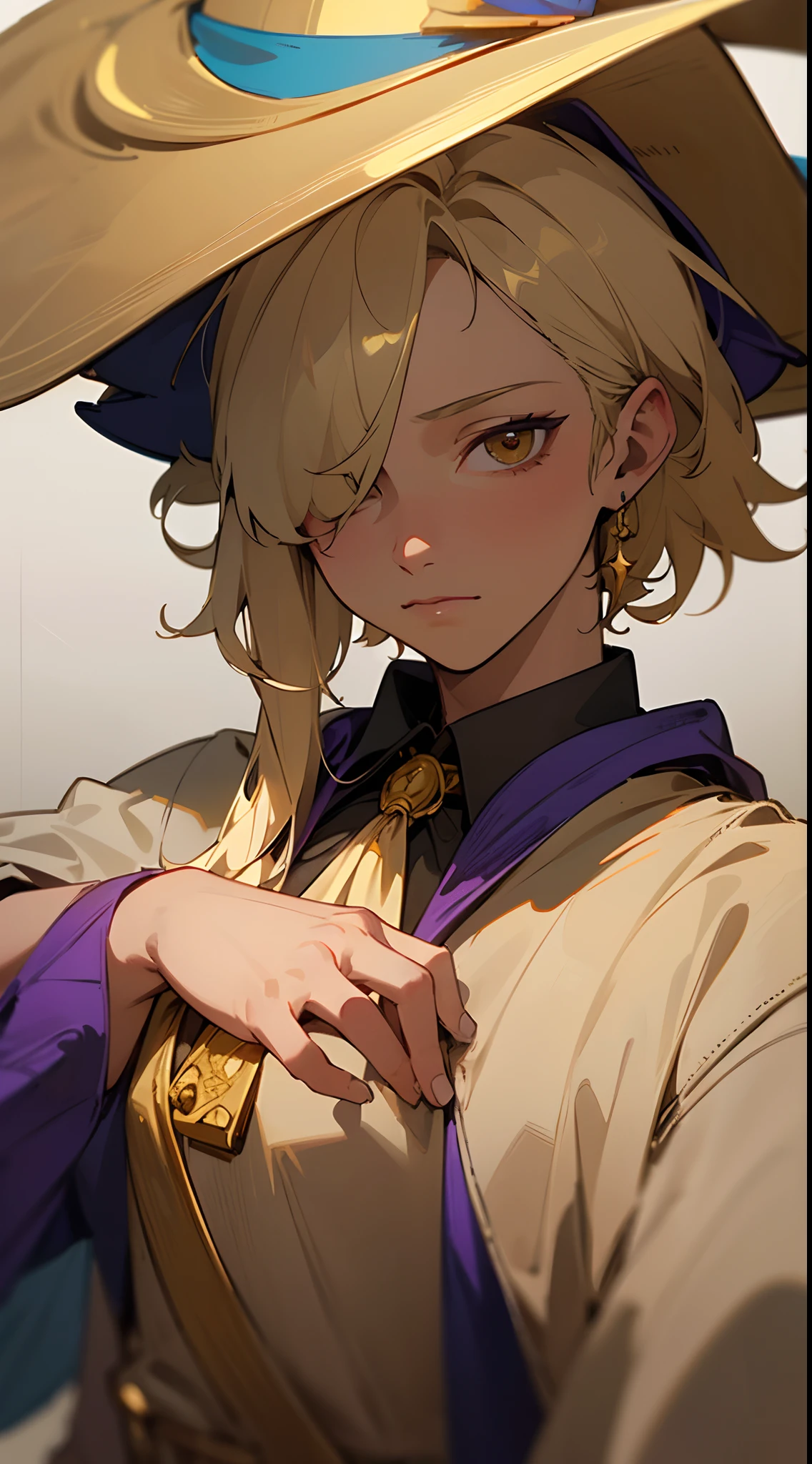 Handsome man , blonde hair , ((hair over one eye)) , gold eyes , tan skin, muscular body ,age 36
(masterpiece, best quality:1.3),beautiful detailed glow,best illuminate,(((best quality,textile shading,ultra detailed))),extremely detailed CG unity 8k wallpaper,Highly Detailed beautiful and aesthetic,best light,high resolution,detailed,dynamic lighting , 1Character , pastel washed out colors , cell shade , soft, muted shades ,gentle colors ,
Surrounded by gold coins , in lavish clothing , moody lighting , sleeveless , jewels all around ,((wearing a witches hat:1.3)) 3))