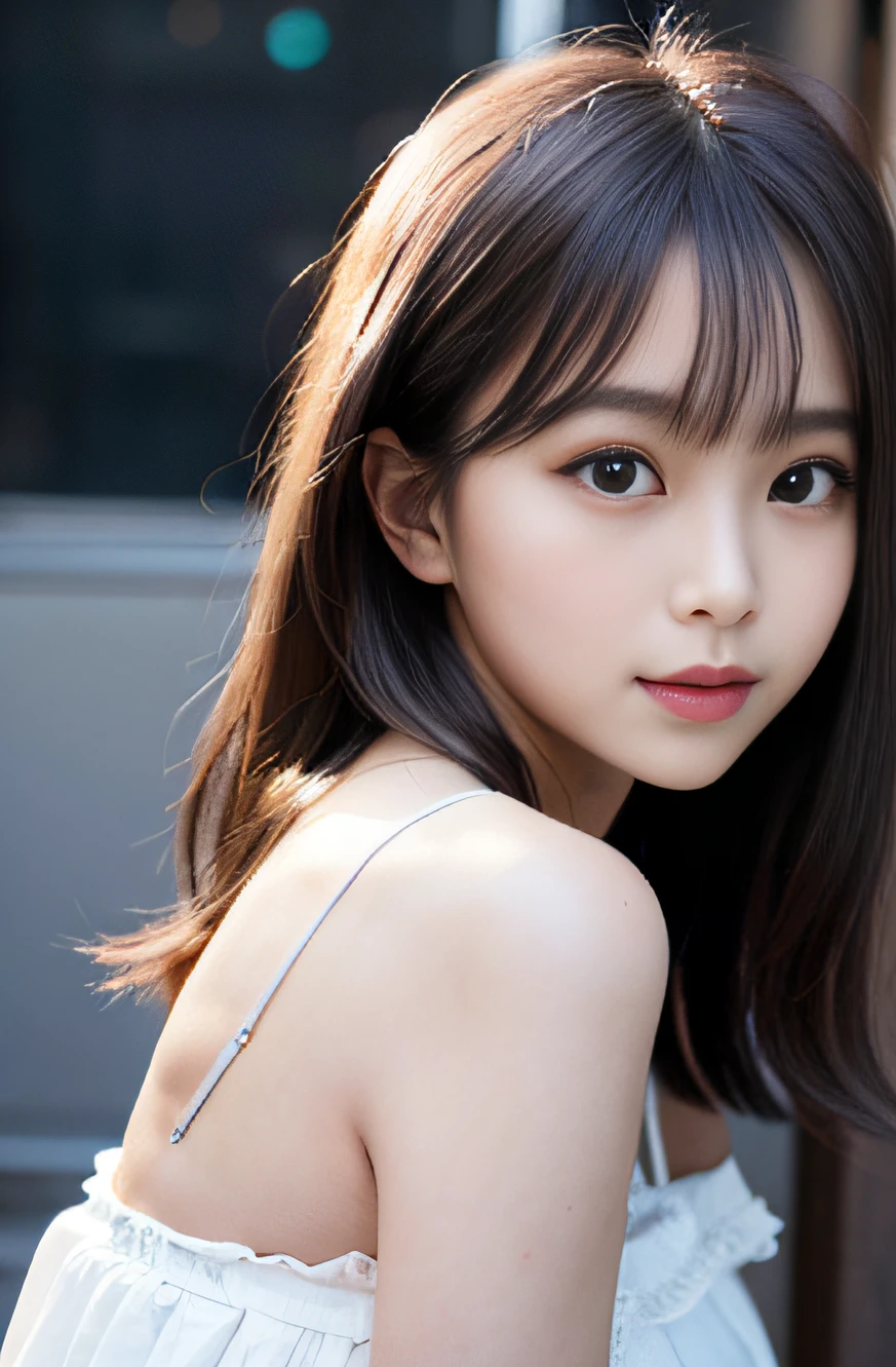 Smile、natta、Raw photography、(((Portrait of extreme beauty)))、((glistning skin))、女の子1人、17-year-old beautiful girl in Prague、bright expression、((brown haired))、(Show cleavage)、(Cotton Camisole)、[Big blue eyes that shine like jewels]、Glossy glossy skin、Silky long straight hair、eye liner、Beautiful bangs、Hair between the eyes、((​masterpiece、top-quality、ultra-detailliert、Film Light、intricate-detail、hight resolution、ighly detailed))、细致背景、8KUHD、Digital SLR、Soft light、hightquality、Film grain、FujifilmXT3 、Shallow depth of field、natural soft light、Kamimei、beutiful breast、cowboy  shot