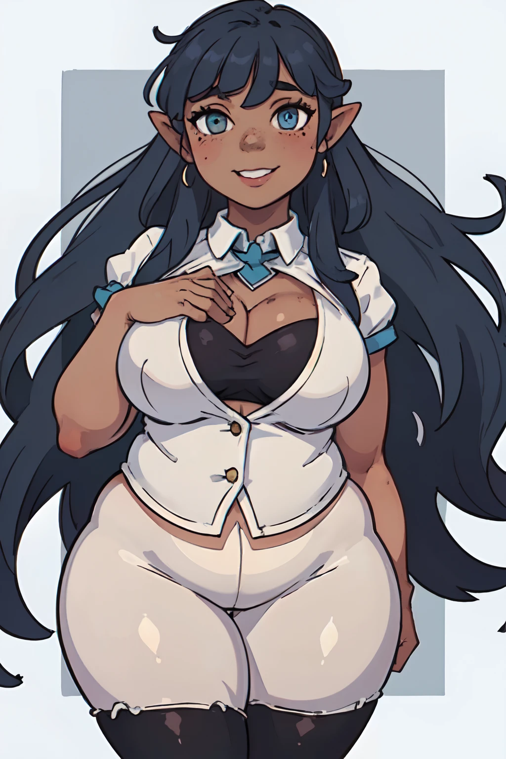(1girl: 2), ((solo)), (dark skinned:1.8), (goblin_woman: 1.4), azure_blue_hair, very long hair, wide body, (huge breast: 1.9), hair between eyes, wide hips, blue eyes, wide legs, mole, mole on chest, age up, lips, big lips, big noise, thick eyebrows, (chubby:1.7), freckles, smile, (lewd: 1.5), blue cravat with a white cross on it, black pantyhose, thick thighs, standing, masterpiece