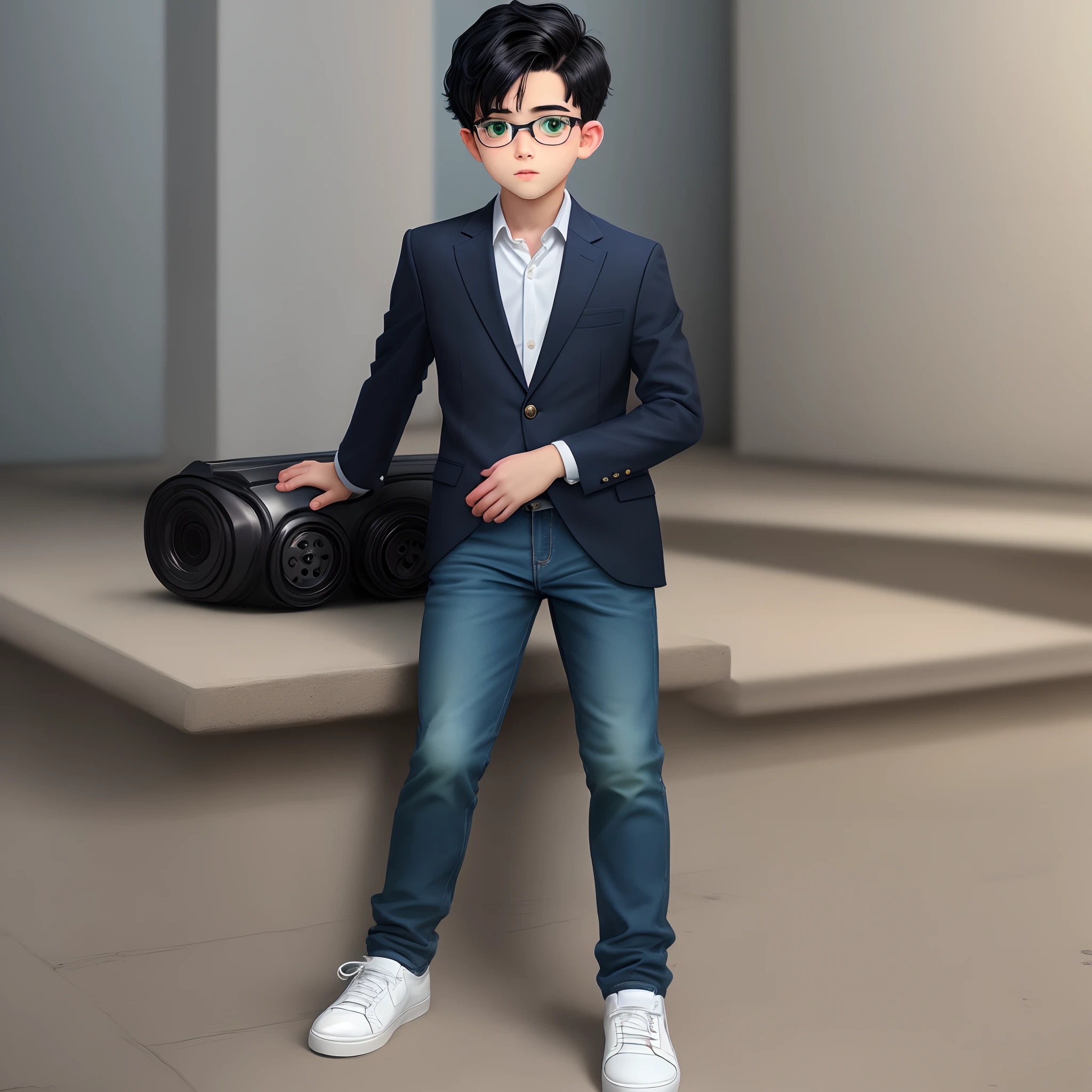 Young boy with glasses, slick black hair, green eyes, and a prosthetic left arm with a blue blazer and black jeans wearing white shoes.