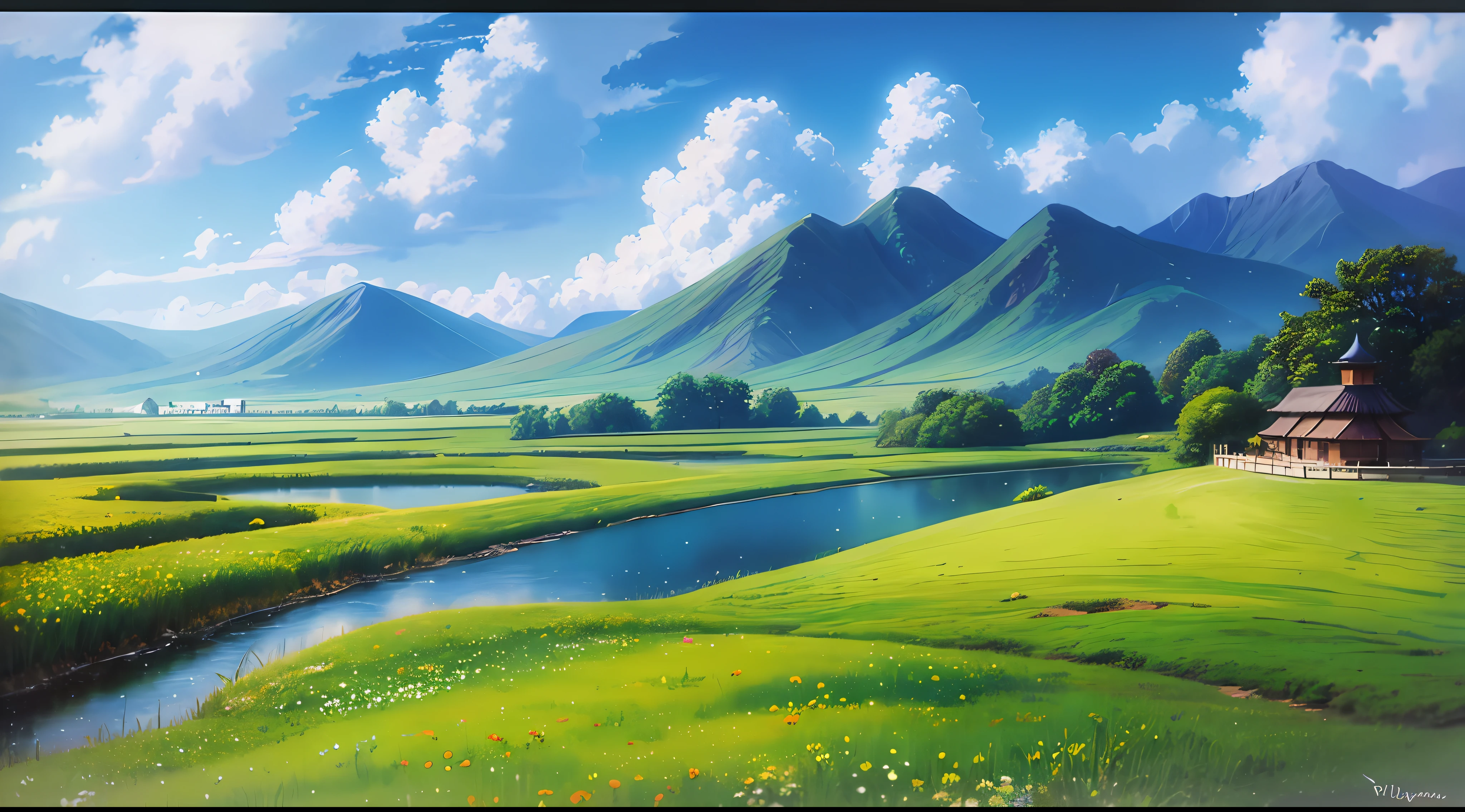Realistic, authentic, beautiful and amazing landscape oil painting Studio Ghibli Hayao Miyazaki's petal grassland with blue sky and white clouds --v6