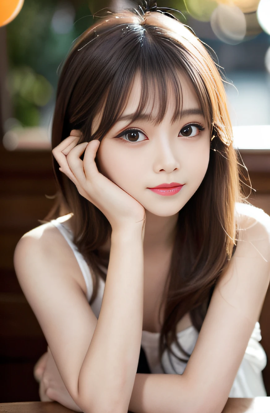 Angelic Very beautiful cute girl,
Beautiful detailed eyes, 
Detailed double eyelids,
(Large eyes:1.3),long eyelashes,
see-through bangs,
(beautiful detailed face and eyes:1.4), 
small nose,
small mouth, 
Beautiful long hair,
happy smiling with visible teeth,
(Best Quality:1.2),
Raw photo, 
High resolution, 
perfect  detail, 
Professional Photography, Beautiful woman in black underwear、Beautiful legs,Body、Beautiful breasts, Lighting,Walking, In the city,Brown hair,