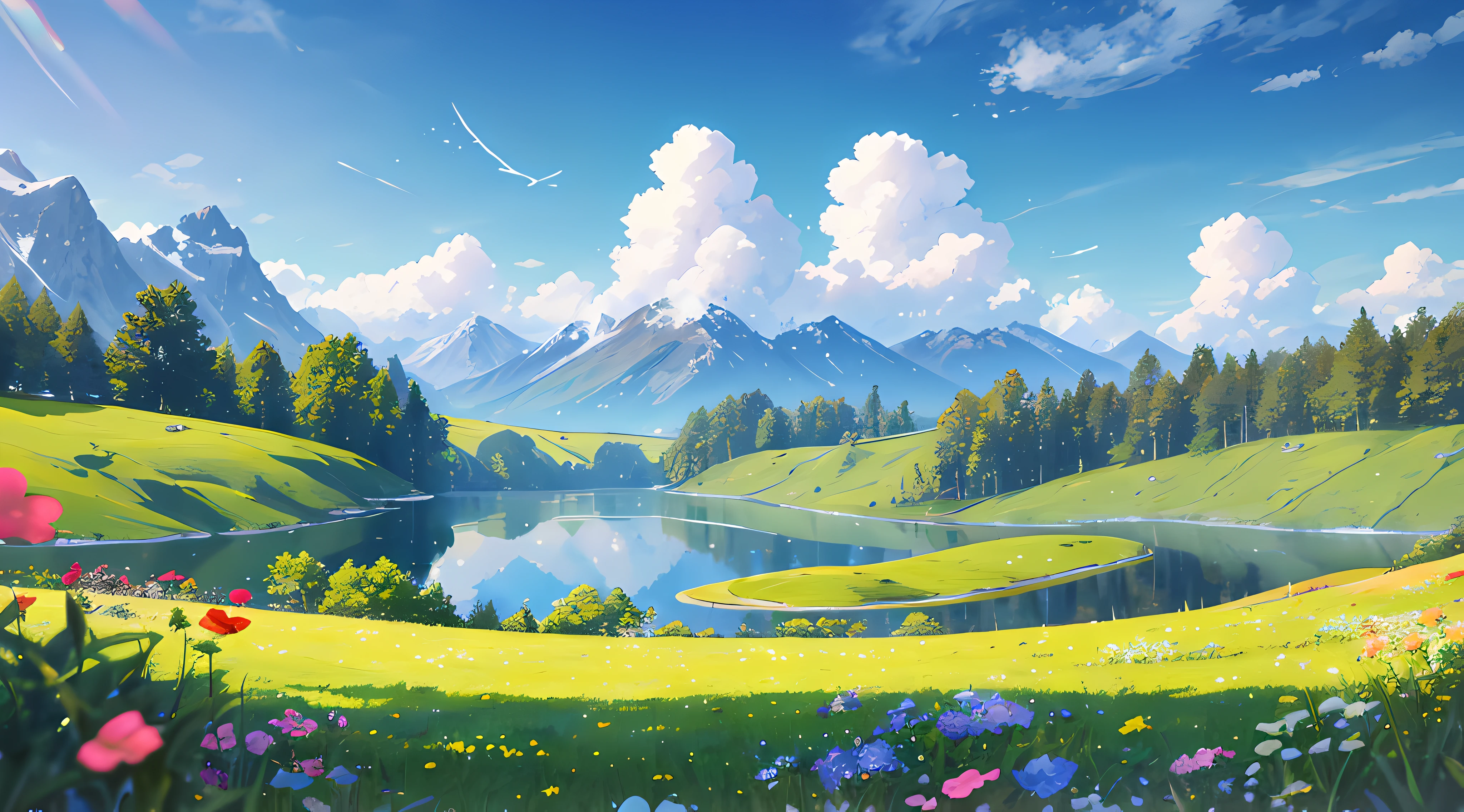 Summer, meadows, few small flowers, clear lakes, sheep, heaven, large clouds, blue sky, hot weather, HD detail, wet watermark, hyper-detail, cinematic, surrealism, soft light, deep field focus bokeh, distant view is snowy mountains, ray tracing, and surrealism. --v6