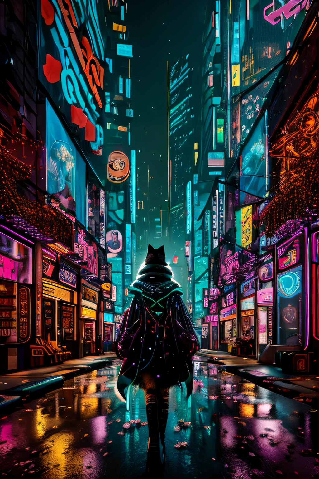 Fairy tale cat in boots，Cat in cyber boots happily walking in the city，Cyberpunk fairy tale style，dream magical，Surrounded by streamers，Large wide-angle lens，Large overhead view，Behind it is the background of the combination of a futuristic city and a fairytale city