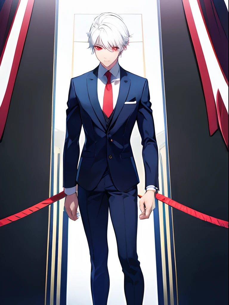 1boy, short white hair, red eyes, dark blue suit, standing on ground, high res, ultra sharp, 8K, masterpiece