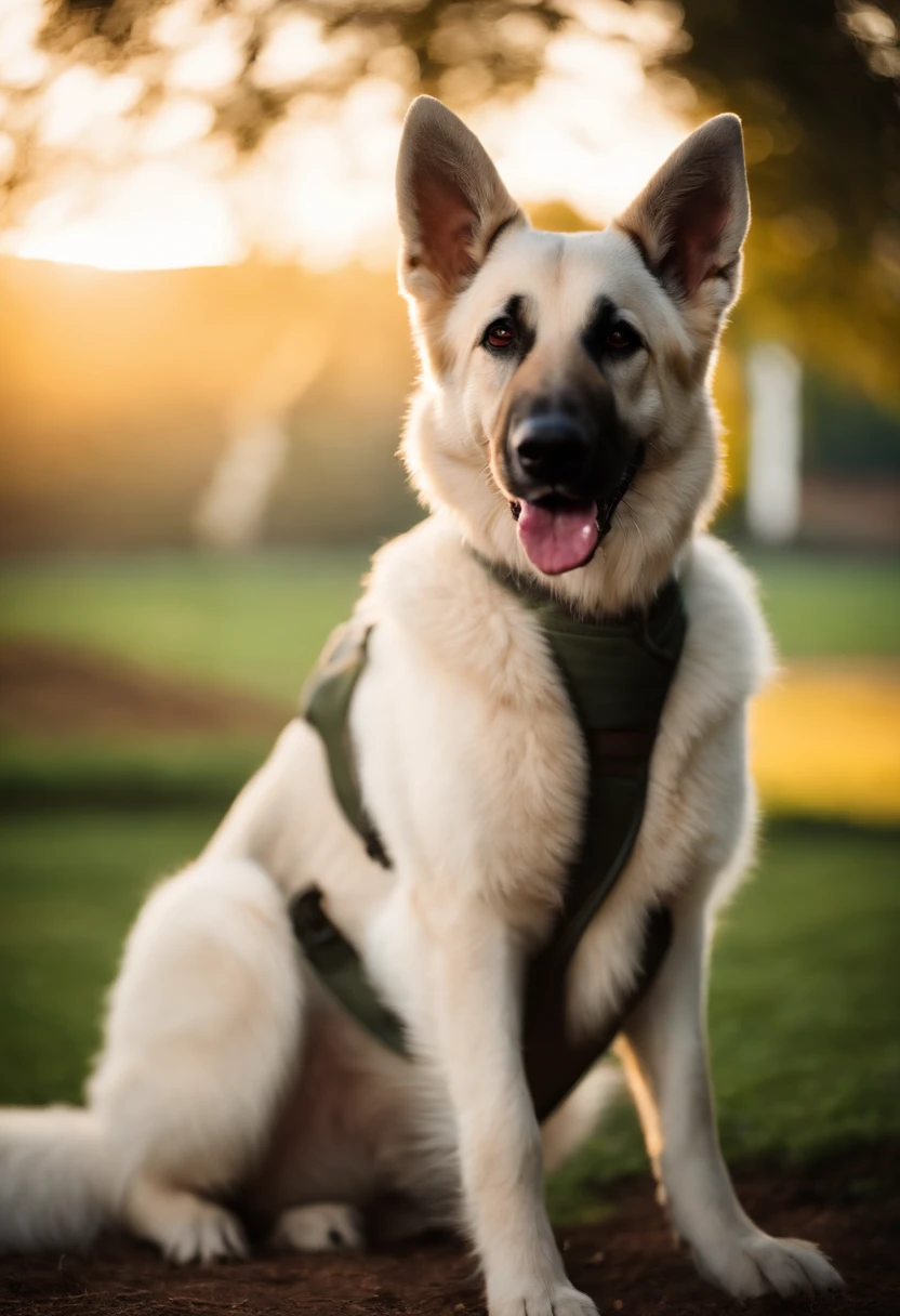 White German Shepherd Dog With Twilight Background Wearing Vest, no colete possui a escrita do nome "Zorran", o fundo pode ser um por do sol, a imagem precisa ser nitida, The dog is sitting on a lawn or walking on the lawn